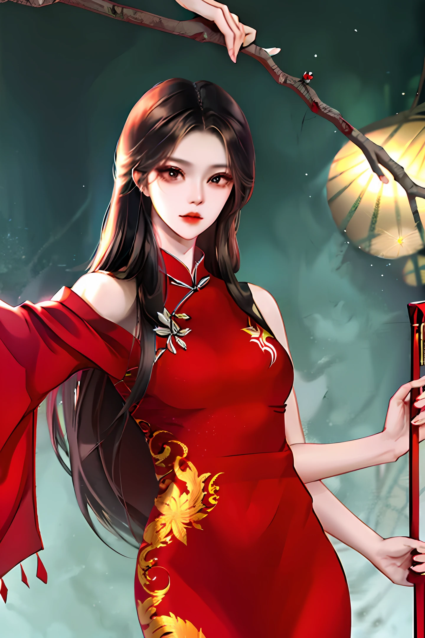 Armed with a long stick,on cheongsam,blacksilk,Extreme