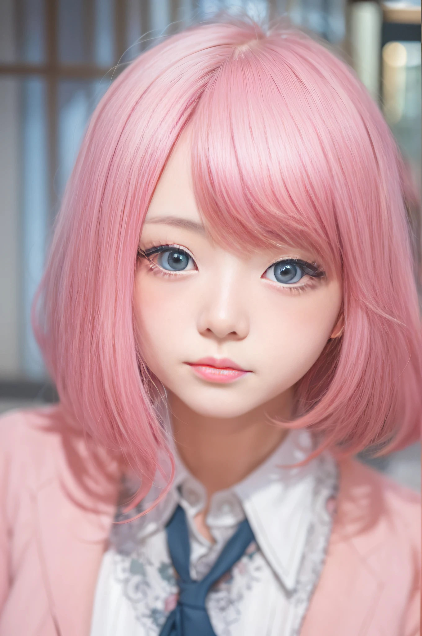 a japanese girl,bustup,A pink-haired,short-cut,Eyes are blue,suits,with round face,Colossal tits,Live Action,1人