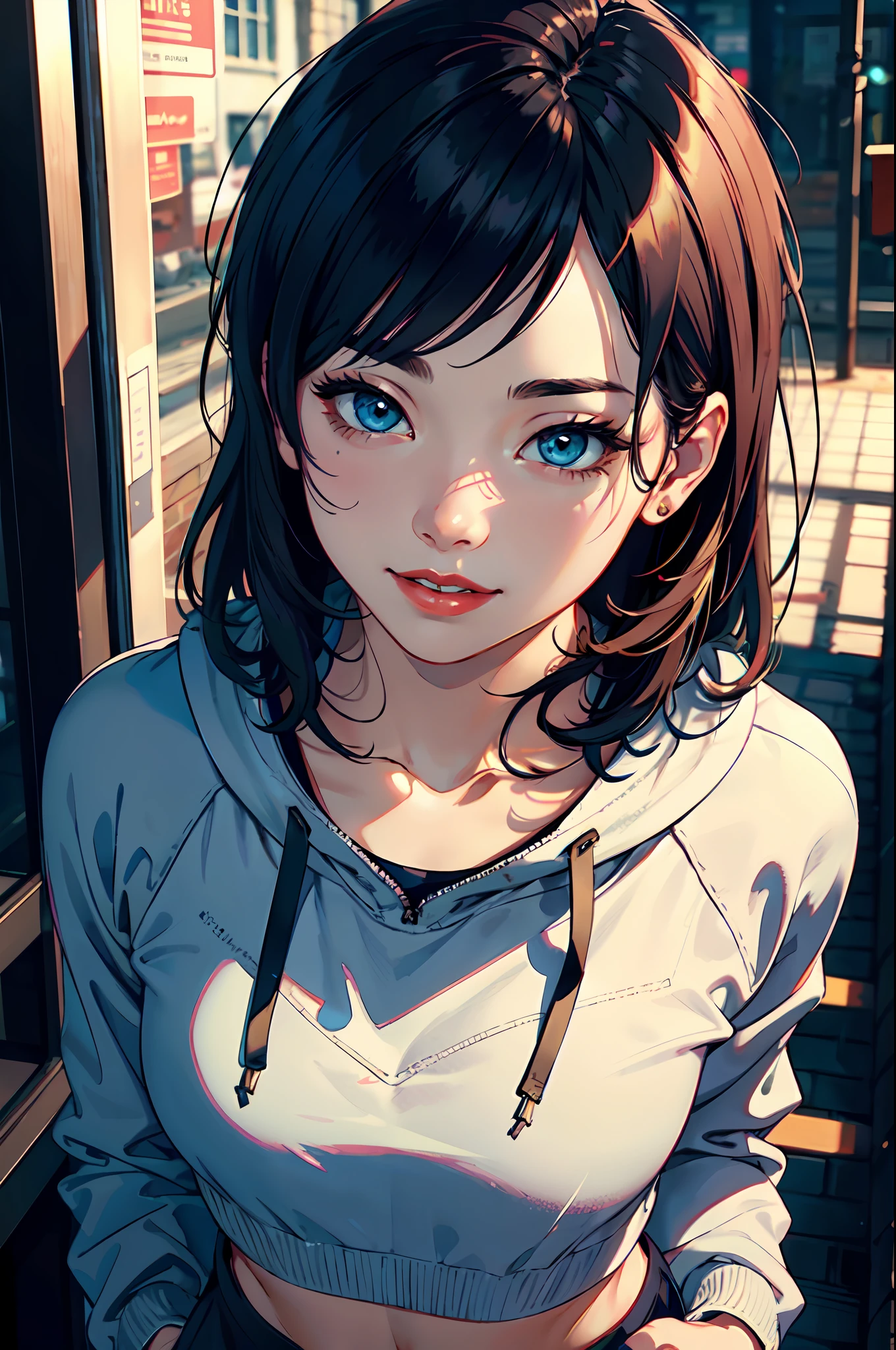 1 girl, beautiful Korean girl, (Cute Loose Bob hair), (wearing a cropped hoodie, capri sweatpants:1. 5), (hands in pockets:1. 5), (red lips:1. 3), (small breasts:1. 3), (toned stomach:1. 3), (eyelashes:1. 2), (aegyo sal:1. 2), beautiful detailed eyes, symmetrical eyes, (detailed face), immersive background, volumetric haze, global illumination, soft lighting, (flowing hair), (bright smile), natural lighting, (realistic:1.5), (lifelike:1.4), (4k, digital art, masterpiece), High detail digital painting, realistic, (top quality), (soft shadows), (best character art), ultra high resolution, highly detailed digital artwork, physically-based rendering, realism with an artistic touch, vibrant colors, f2.2 lens, soft palette, natural beauty