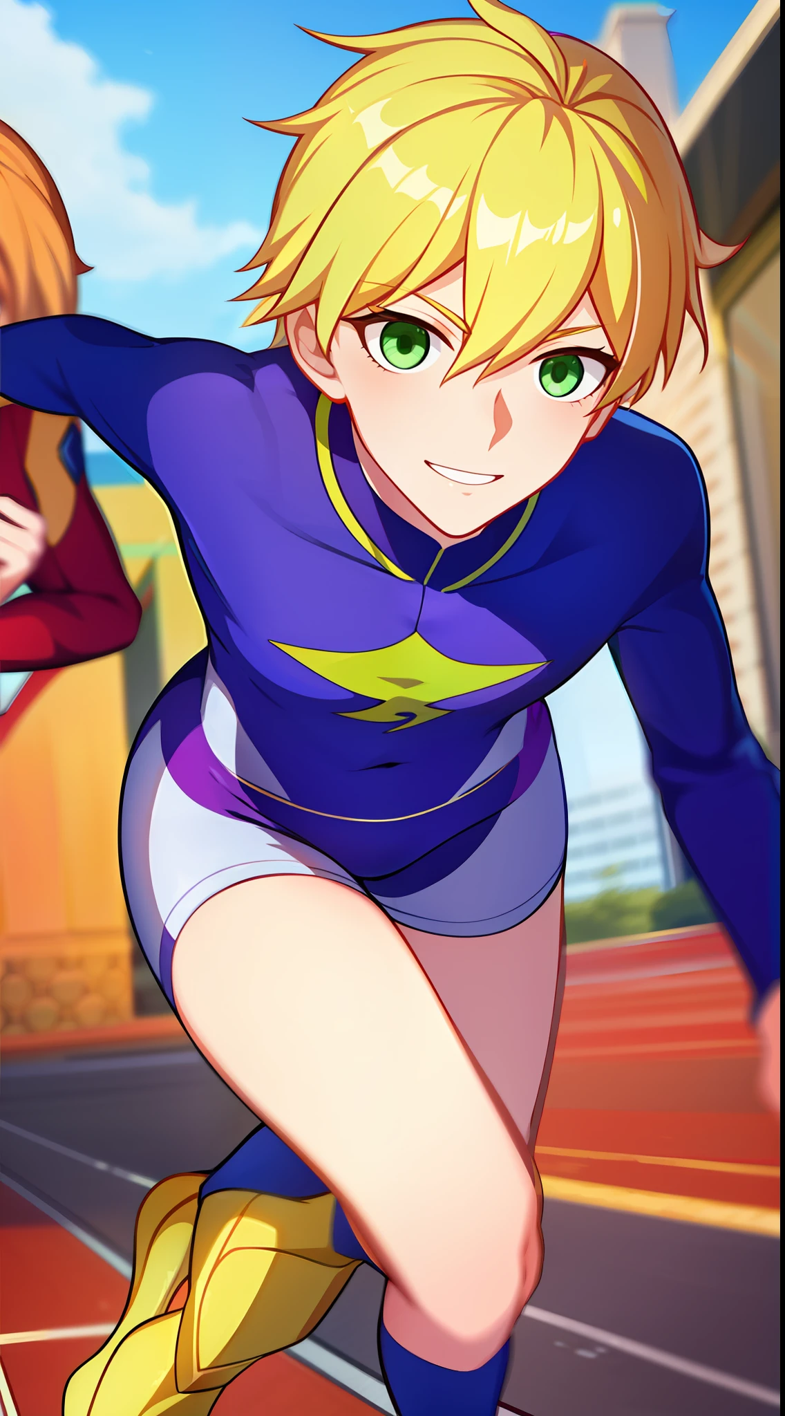 young boy, longue blonde hair, Green eyes, Purple Superhero Uniform, ssmile, running, Speedforce, Masterpiece, hiquality