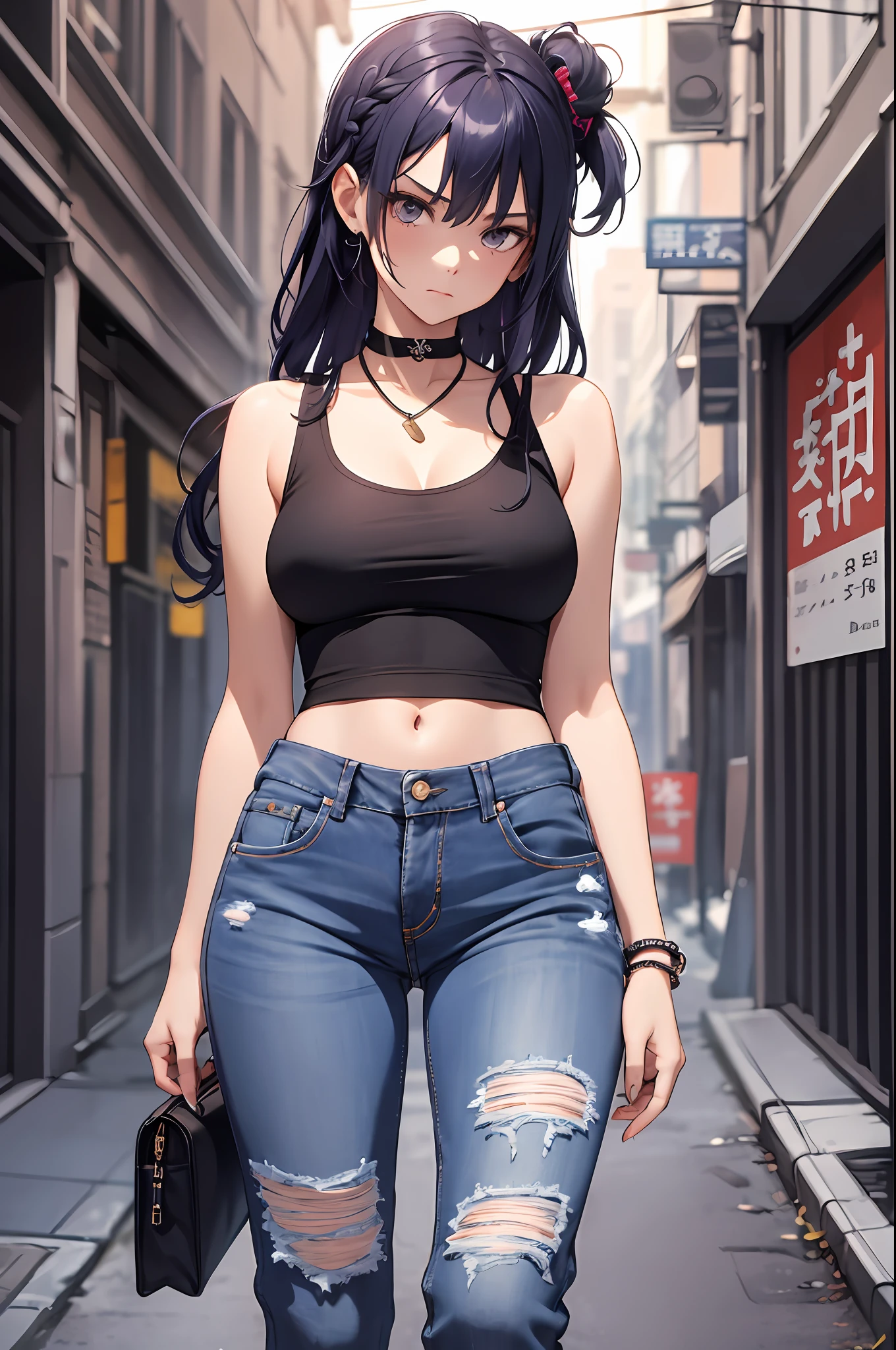 (((best qualtiy,tmasterpiece))),highly detailed,复杂,Beautiful cool avant-garde((1girll)),独奏,,Wear a sleeveless cropped top,Lavender long braid hair,choker necklace,baggy jeans,Dystopian City Alley disdain,scowling