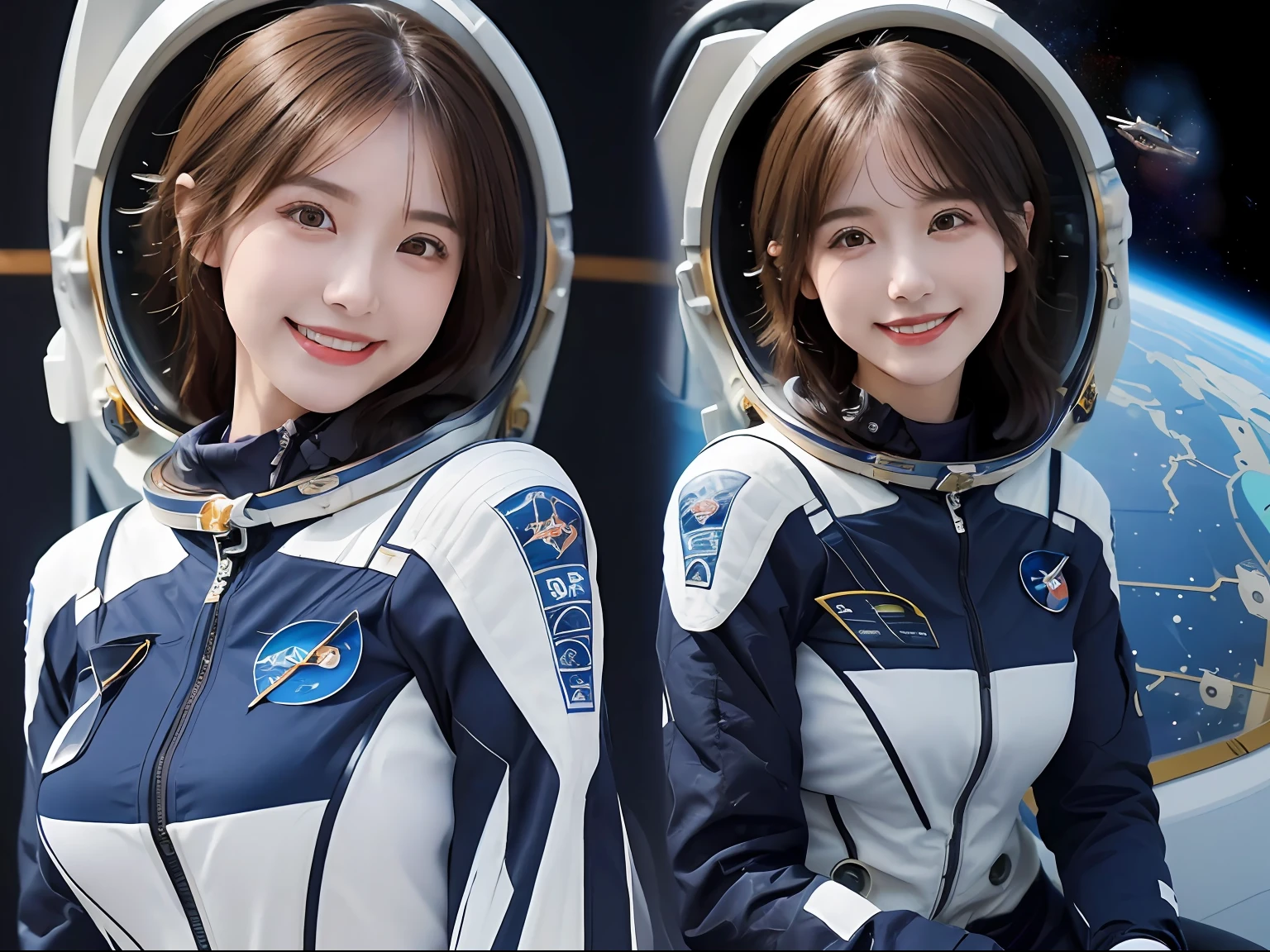 best quality, masterpiece, ultra high res, (photorealistic:1.4), RAW photo,cinematic lighting,(Perfect anatomy:1.5), 1 japanese girl,solo,20 years old,big breasts,(detailed beautiful face:1.5),(real skin:1.5),slender,thin legs,(big eyes:1.2),(smiling:1.3),detailed clotes,(space suit:1.5),(Planet Neptune:1.2),(spaceship:1.5),(science fiction),(outer space),(Small spaceplanes:1.5),