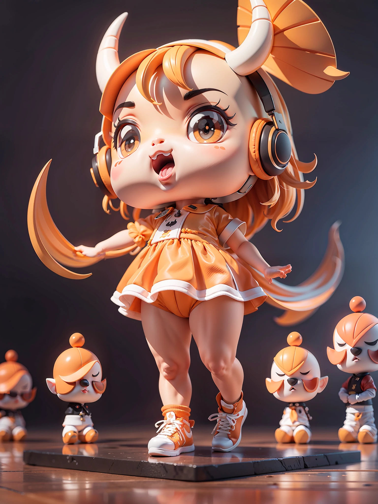 (Masterpiece), (Extreme Quality), (Ultra Detailed), (Full Body: 1.2), (Solitary), Orange Theme, Bull Magician, Cute, Open Mouth, Headphones, Horns, Popmart Blind Box, Clay Texture, Stepping on Earth, Black and White Background, Natural Daylighting, Best Quality, Ultra Detail, 3D Art, C4D, OC Renderer, 3D Rendering, 8k