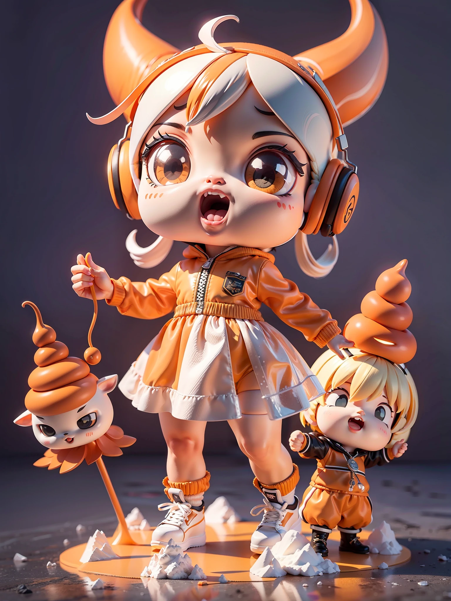 (Masterpiece), (Extreme Quality), (Ultra Detailed), (Full Body: 1.2), (Solitary), Orange Theme, Bull Magician, Cute, Open Mouth, Headphones, Horns, Popmart Blind Box, Clay Texture, Stepping on Earth, Black and White Background, Natural Daylighting, Best Quality, Ultra Detail, 3D Art, C4D, OC Renderer, 3D Rendering, 8k