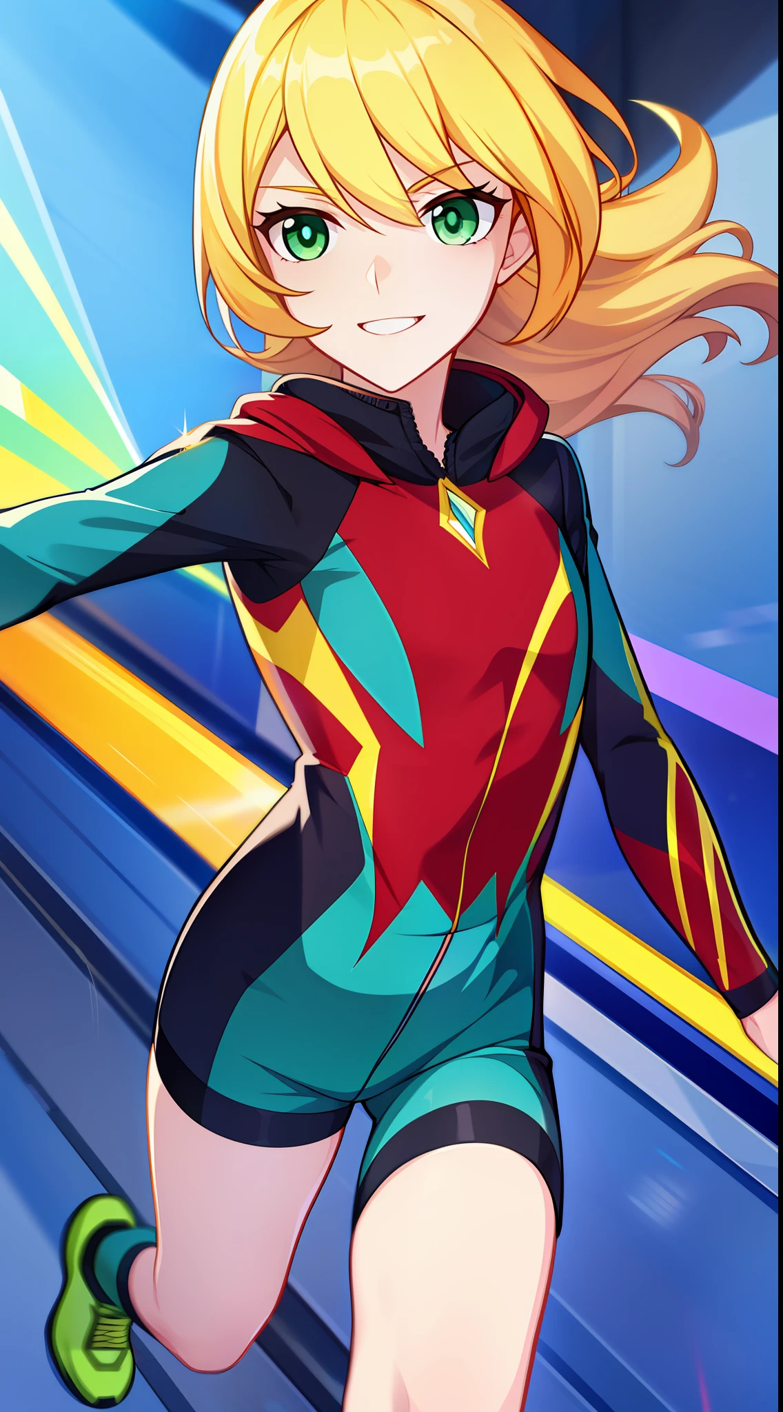 young boy, longue blonde hair, Green eyes, Purple Superhero Uniform, ssmile, running, Speedforce, Masterpiece, hiquality