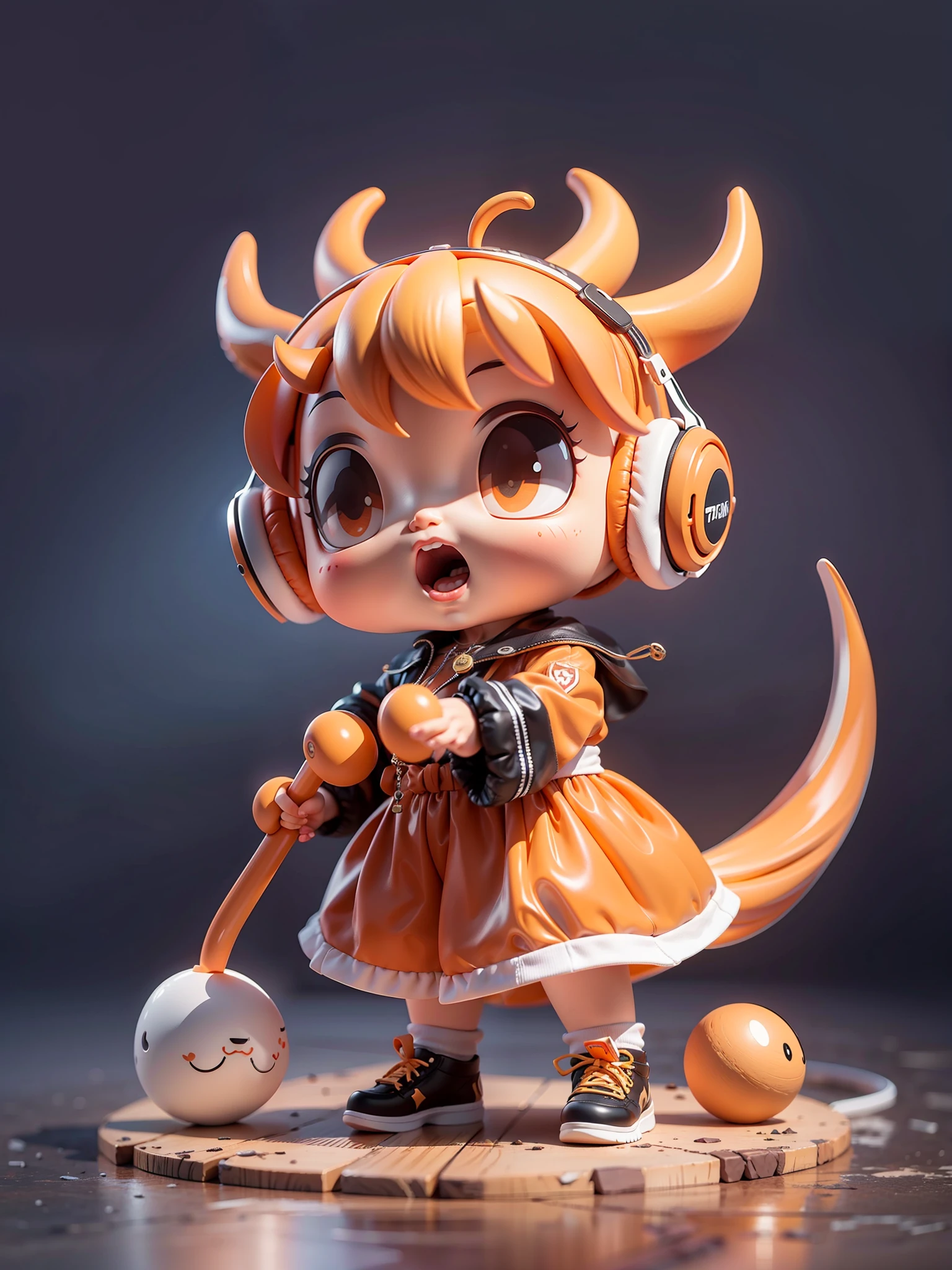 (Masterpiece), (Extreme Quality), (Ultra Detailed), (Full Body: 1.2), (Solitary), Orange Theme, Bull Magician, Cute, Open Mouth, Headphones, Horns, Popmart Blind Box, Clay Texture, Stepping on Earth, Black and White Background, Natural Daylighting, Best Quality, Ultra Detail, 3D Art, C4D, OC Renderer, 3D Rendering, 8k