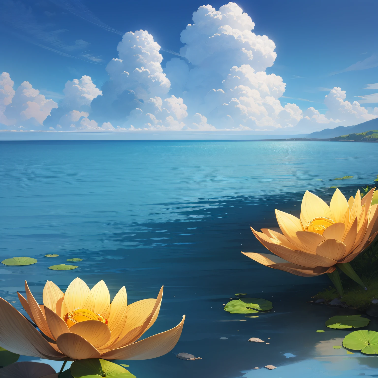 Blue sea，Blue sky，Golden lotus flowers rise from the surface of the sea，Works of masters，in a panoramic view