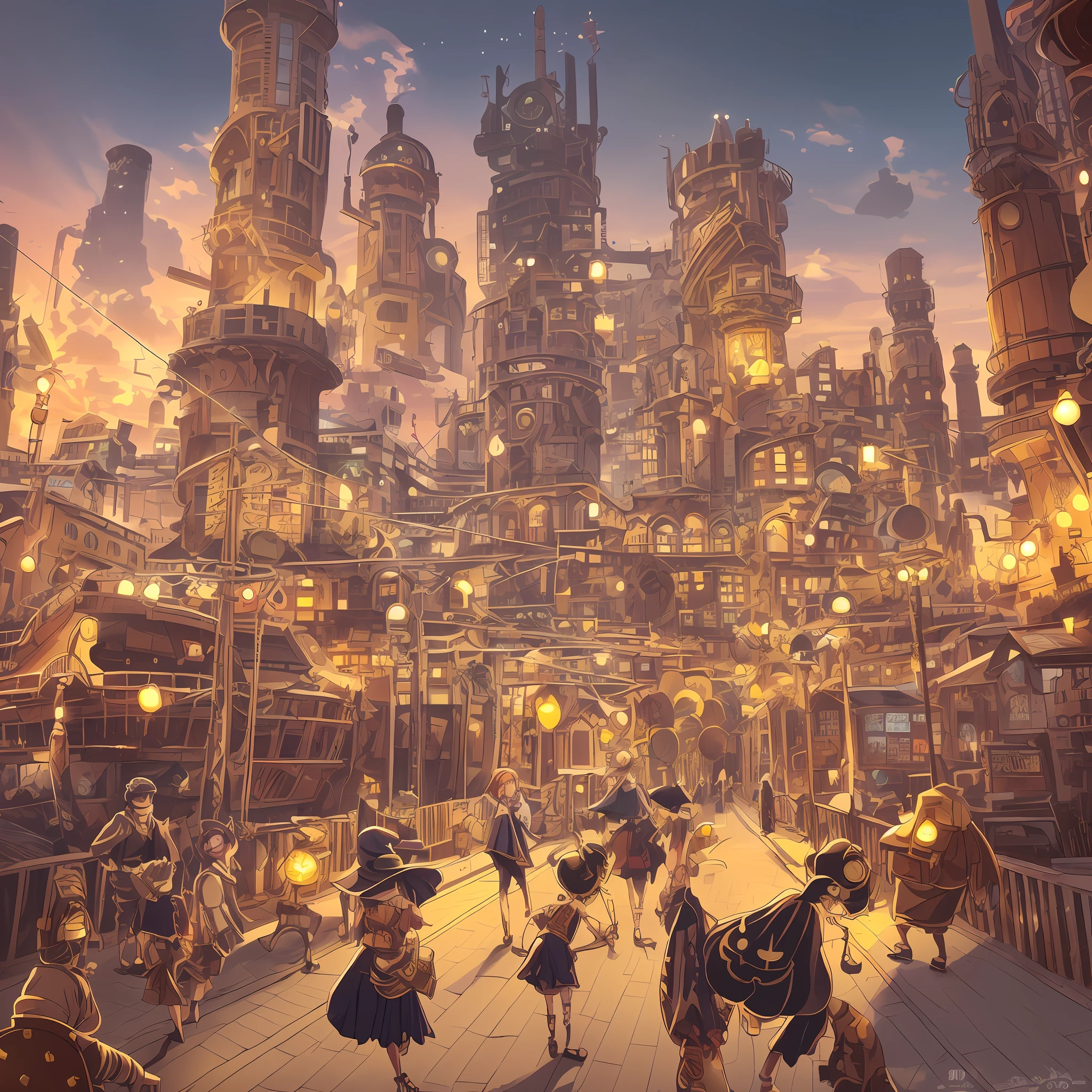 Anime scene in the city where many people are walking, a bustling magical town, in steampunk cityscape, a steampunk city, Resonance of the art of the Tower of Fortune, Steampunk City, hd anime cityscape, Beautiful city of the future, anime scenery concept art, ancient steampunk city, 2. 5 d cgi anime fantasy artwork, golden steampunk city atmosphere