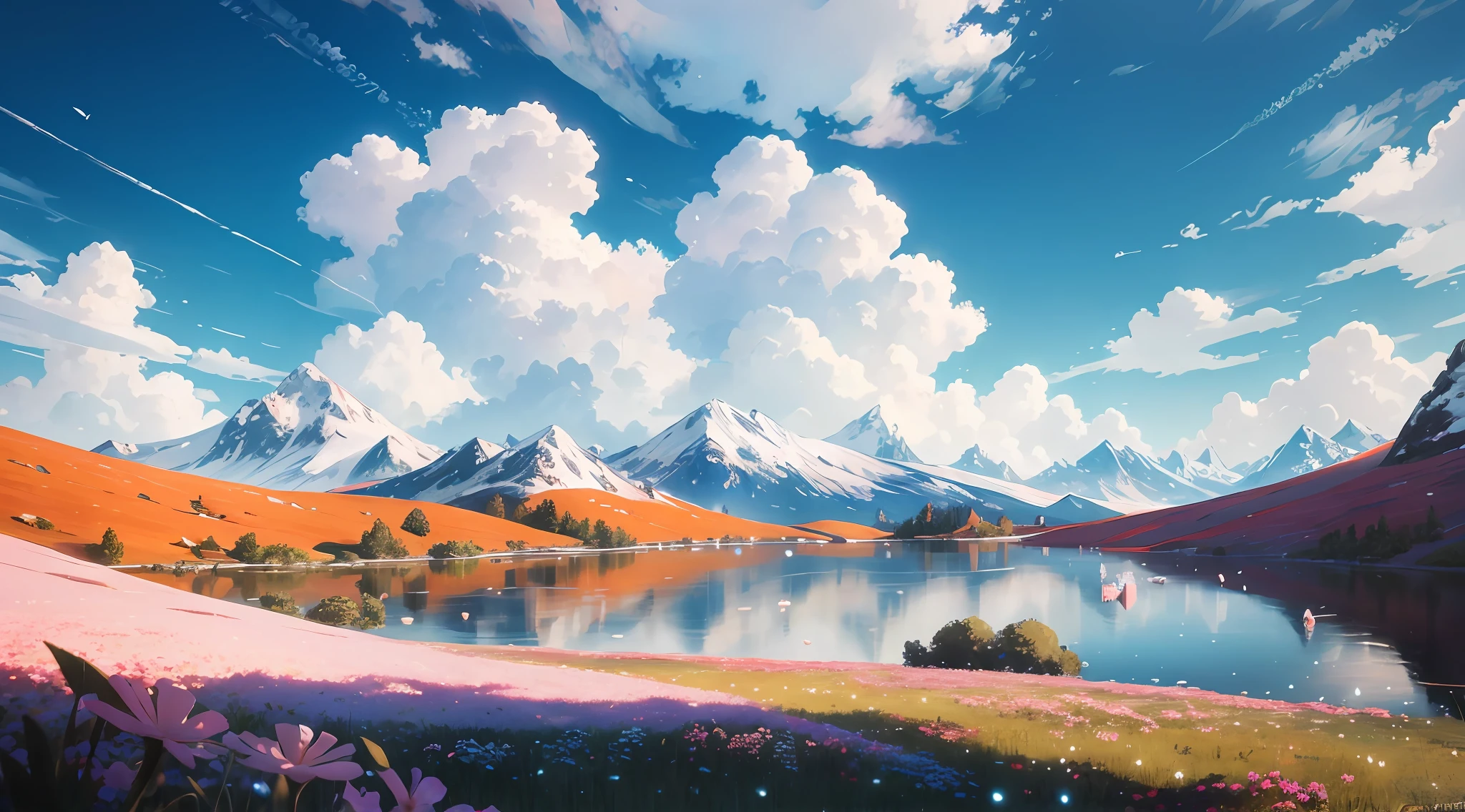 Summer, meadows, few small flowers, clear lakes, paradise, large clouds, blue sky, hot weather, HD detail, hyper-detail, cinematic, surrealism, soft light, deep field focus bokeh, distant snowy mountains, ray tracing, and surrealism. --v6