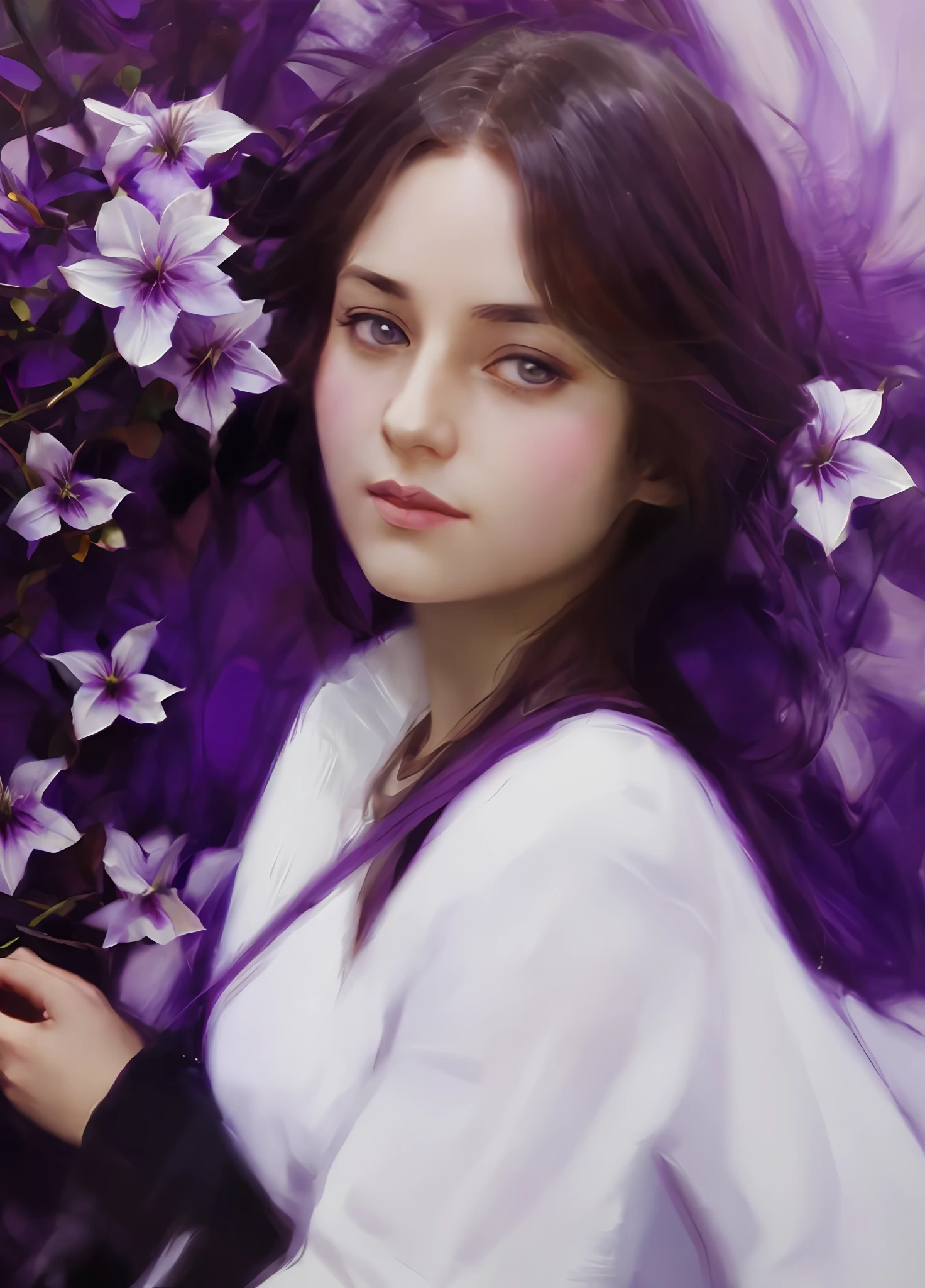 big , Portrait Of Girl, Gorgeous oil painting, Dark-eyed, Beautiful oil painting, Borovikovsky painting, Purple clematis, Beautiful anime portrait, Art ,, realistic art, realistic style , In art, Elegant digital live computer graphics