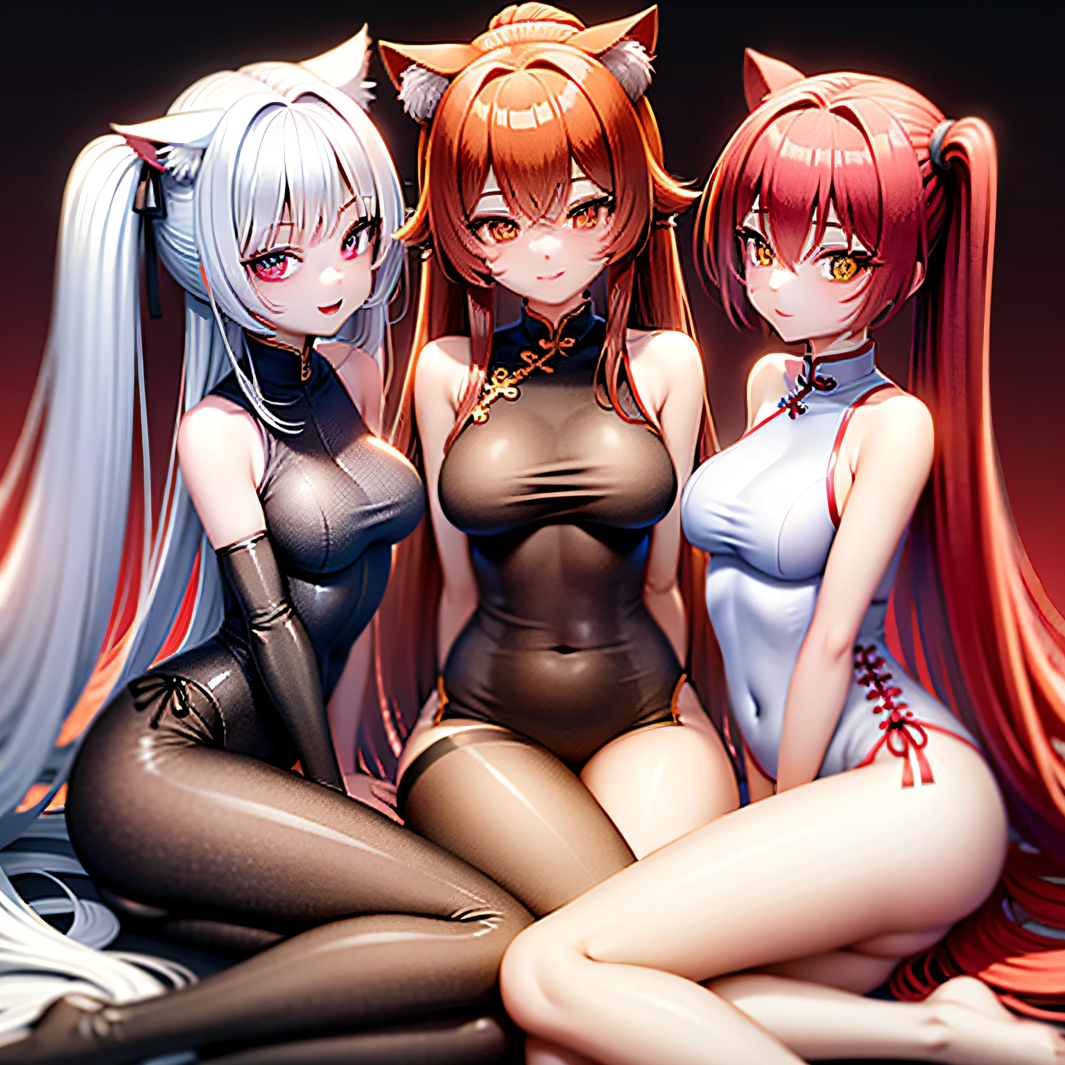 16K resolution, Red fox anthropomorphism,, Sakura red hair, Bright red eyes,Wear a light red Chinese costume,;White tiger anthropomorphism,femele,Wear a white Han costume,White color hair,Gorgeous blue-purple eyes;The anthropomorphization of the wolf,femele,Black color hair,Black eyes,Wear black Han clothes;Lantern Festival background,Threesome(Stand up,Sit Pose,Lying position),China-style。