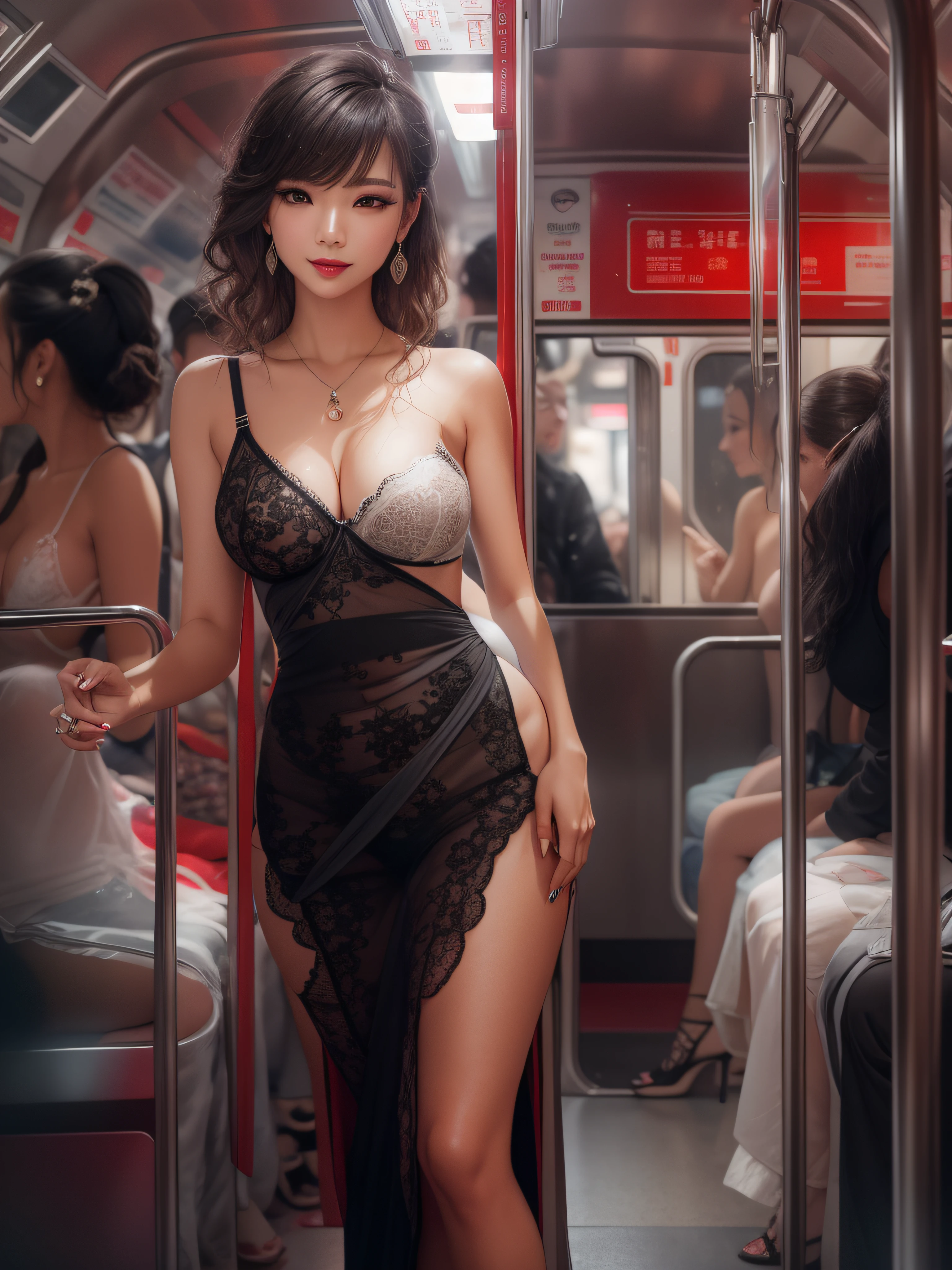 full-body portraits, photograph realistic, Beautiful Chinese woman, Adult video actress, In crowded subway cars, Get wet all over your body, Slim figure, Height 1.6m, perfect female shape, 34C breasts, Naked of breast, Slim waistline, Elongated legs, 28-inch hips, Fine fine skin, Full forehead, Slender eyebrows, Wear red and black erotic lingerie, Suspender stockings, Stiletto heels, tempting pose, streaked hair, brown hair, bangs, wavy hair, messy hair, hair slicked back, medium hair, jewelry, bespectacled, longeyelashes, earrings, makeup, light smile, red lips, cinematic lighting, three sided view, masterpiece, textured skin, super detail, best quality, 8k