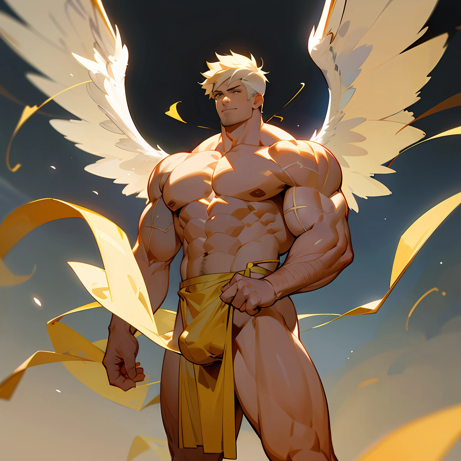 Highest accuracy，big muscular man，Large white wings，Flying attitude，Shirtless，There are gold streamers on the body，Lower body erection，Lower body details，Thick pubic hair，Handsome face，Short white hair，There is a faint aperture above the head，The background is a fabulous city，The background is rich in detail，Angel wind