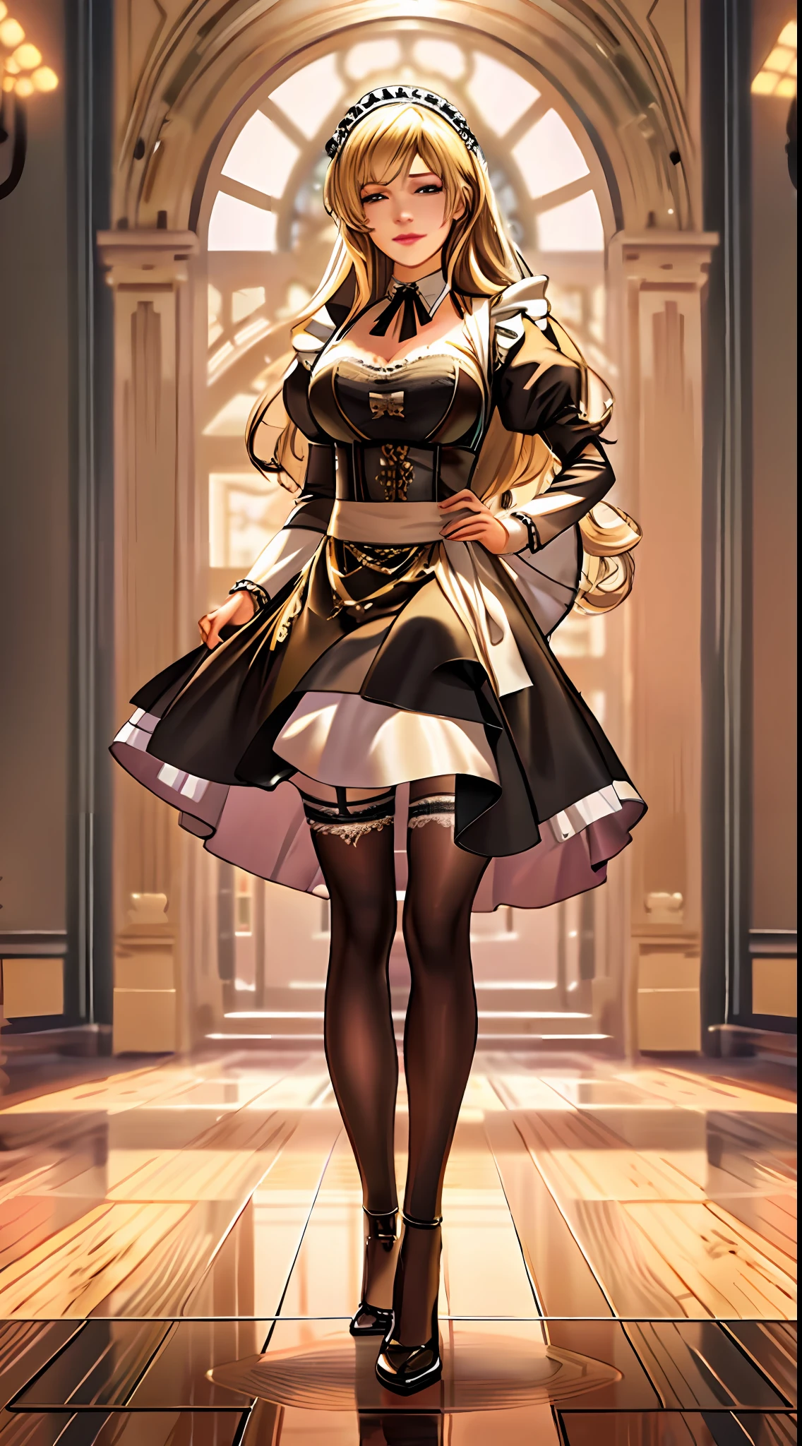 best qualtiy，8K，Best quality，(the detail:1.4),The picture is clear，a close up of a woman in a dress and stockings, anime girl in a maid costume, gorgeous maid, Maid outfit,A person poses for a photo in a maid costume，is an anime character wearing a maid costume，Drawn in Artgerm's style，Sexy girl with blonde hair，the maid outfit，laced dress，A shy look，shyexpression，Walk past you，Luxury theme，realistic dress，The skin details are very detailed，Watch machinery，Dirty floor，Beautiful Maid，Feminine beauty，Stunning character art，Ray traching，The proportions are correct！！！