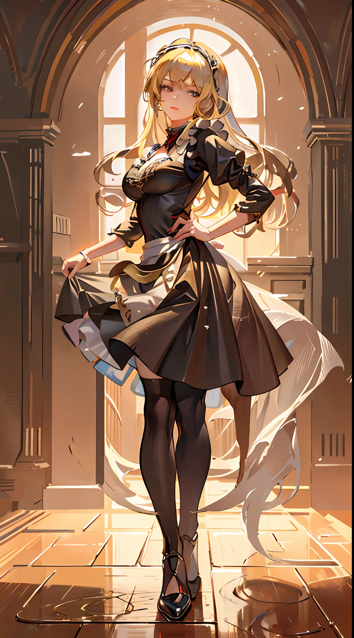 best qualtiy，8K，Best quality，(the detail:1.4),The picture is clear，a close up of a woman in a dress and stockings, anime girl in a maid costume, gorgeous maid, Maid outfit,A person poses for a photo in a maid costume，is an anime character wearing a maid costume，Drawn in Artgerm's style，Sexy girl with long blonde hair，the maid outfit，laced dress，A shy look，shyexpression，Walk past you，Luxury theme，realistic dress，The skin details are very detailed，Watch machinery，Dirty floor，Beautiful Maid，Feminine beauty，Stunning character art，Ray traching