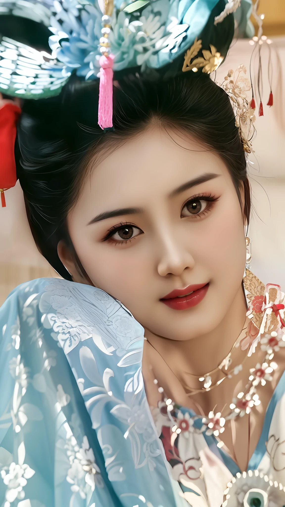 wearing blue dress，Arad woman in blue hat and necklace, ancient chinese beauti, China Princess, Chinese girl, Princesa chinesa antiga, Chinese woman, Beautiful digital artwork, Palace ， A girl in Hanfu, Very beautiful face, beautiful digital art, beautiful gorgeous digital art, Traditional beauty, very beautiful portrait, Beautiful rendering of the Tang Dynasty