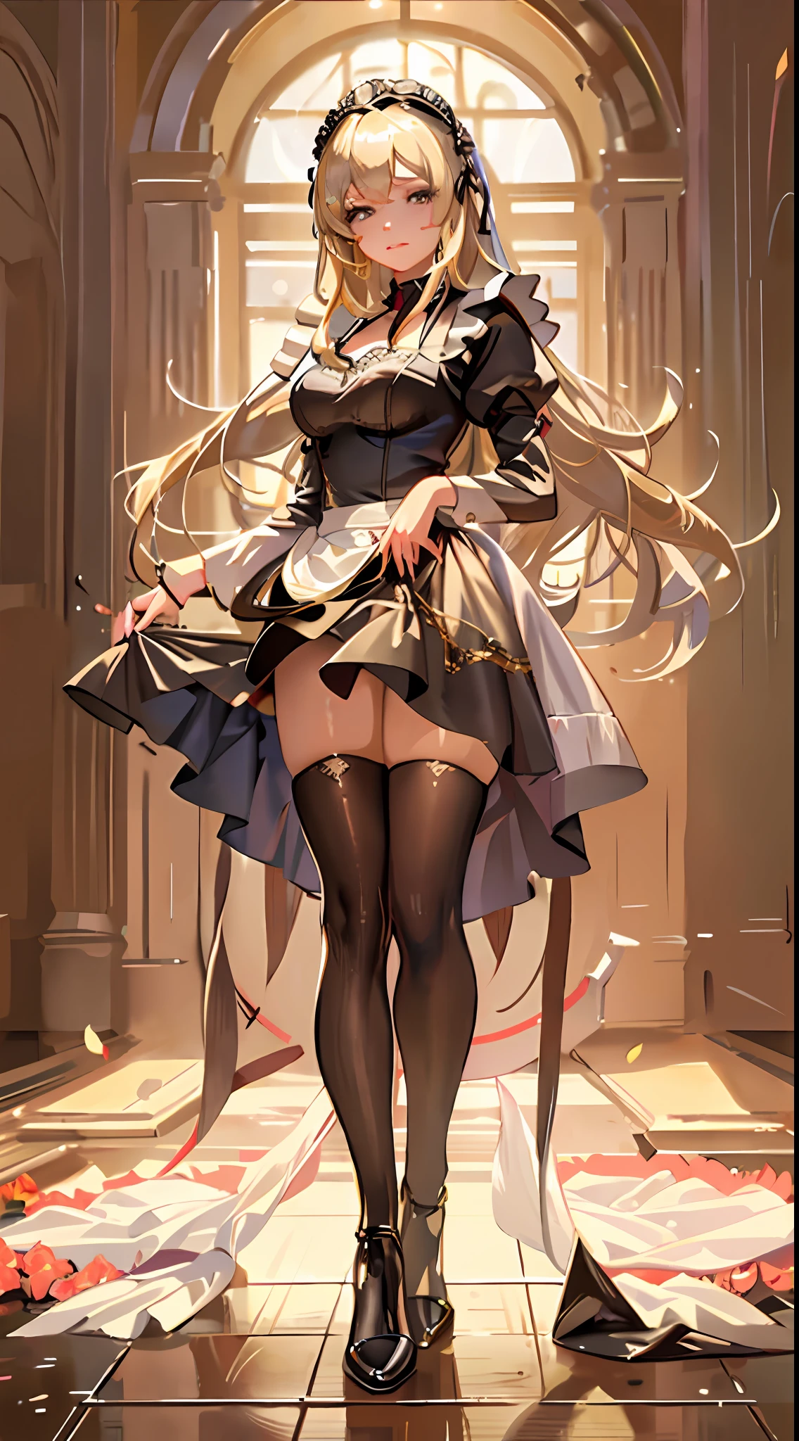 best qualtiy,8K,Best quality,(the detail:1.4),The picture is clear,a close up of a woman in a dress and stockings, anime girl in a maid costume, gorgeous maid, Maid outfit,A person poses for a photo in a maid costume,is an anime character wearing a maid costume,Drawn in Artgerm's style,Sexy girl with long blonde hair,the maid outfit,laced dress,A shy look,shyexpression,Walk past you,Luxury theme,realistic dress,The skin details are very detailed,Watch machinery,Dirty floor,Beautiful Maid,Feminine beauty,Stunning character art,Ray traching
