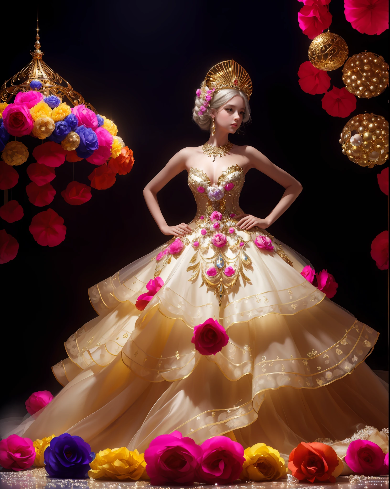 a hyper realistic photograph of a girl standing wearing a majestic light beige and gold ball gown dress, big beautiful dress, intricate puffy ball gown with lots of ruffles and rhinestones (Best quality, masterpiece, ArtStation, Fantasy Art:1.2), a palace room, a beautiful cute girl, (long white hair:1.1), (intricate short gold skirt, bare legs:1.2, full body shot)