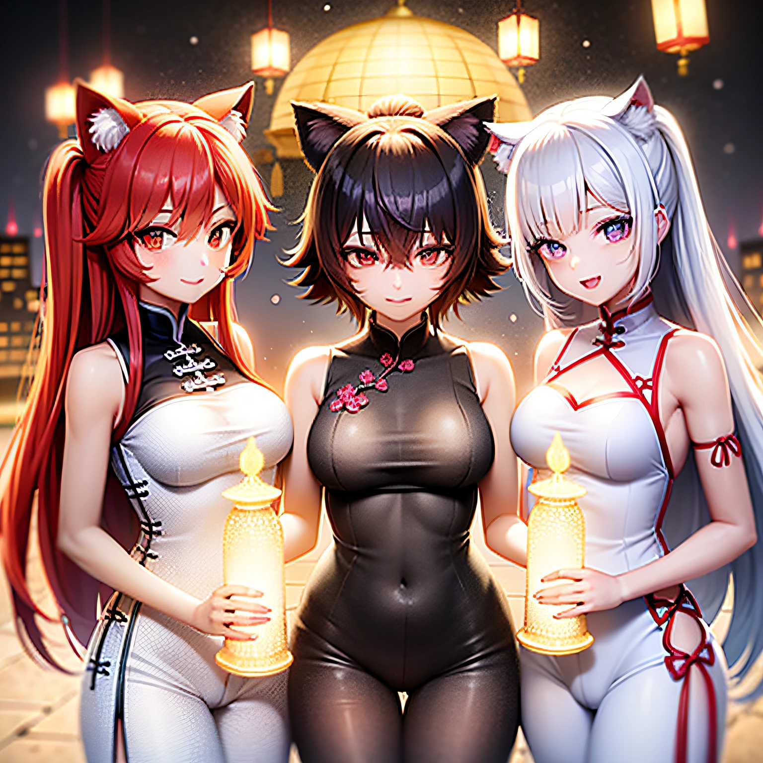 4K分辨率, Red fox anthropomorphism,, Sakura red hair, Bright red eyes，Light red period costume，;White tiger anthropomorphism，femele，White period costume，White color hair，Gorgeous blue-purple eyes；Anthropomorphization of wolves，femele，Black color hair，Black eyes，Black period costume；Lantern Festival background，Three people，China-style。