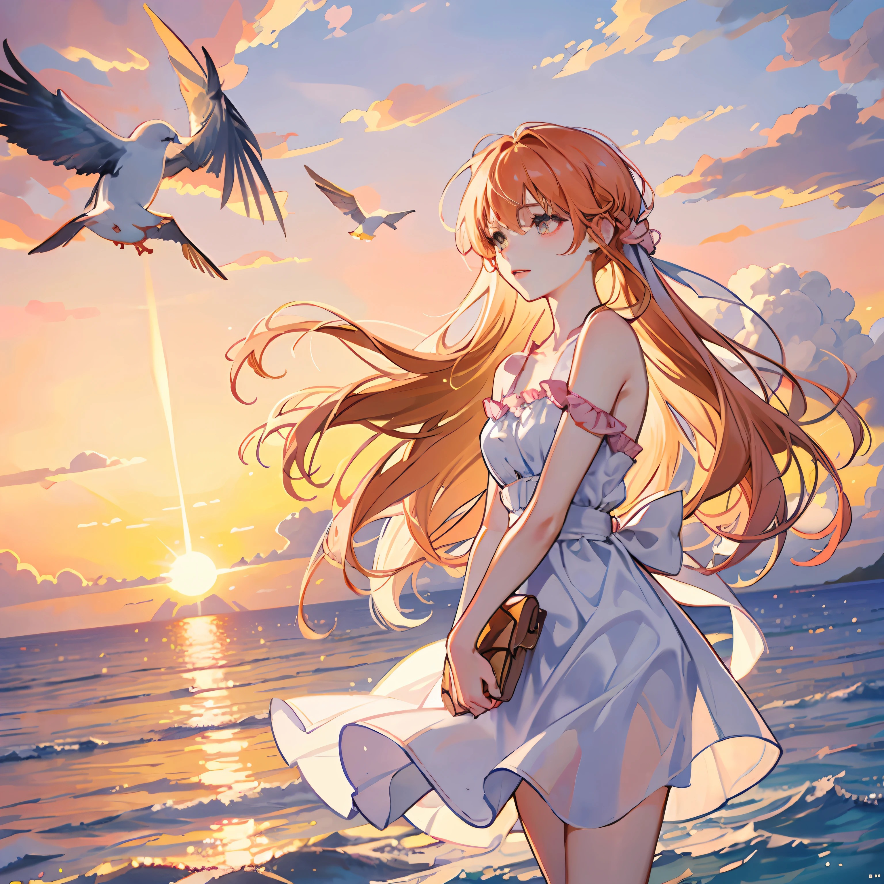 An absolutely mesmerizing sunset on the beach, with a mix of orange, pink, and yellow in the sky. The water is crystal clear, gently kisses the coast, and the white sand is endless. The scene is dynamic and breathtaking, with seagulls soaring high in the sky and palm trees swaying softly. Immerse yourself in the calm atmosphere and let the serenity surround you. --auto