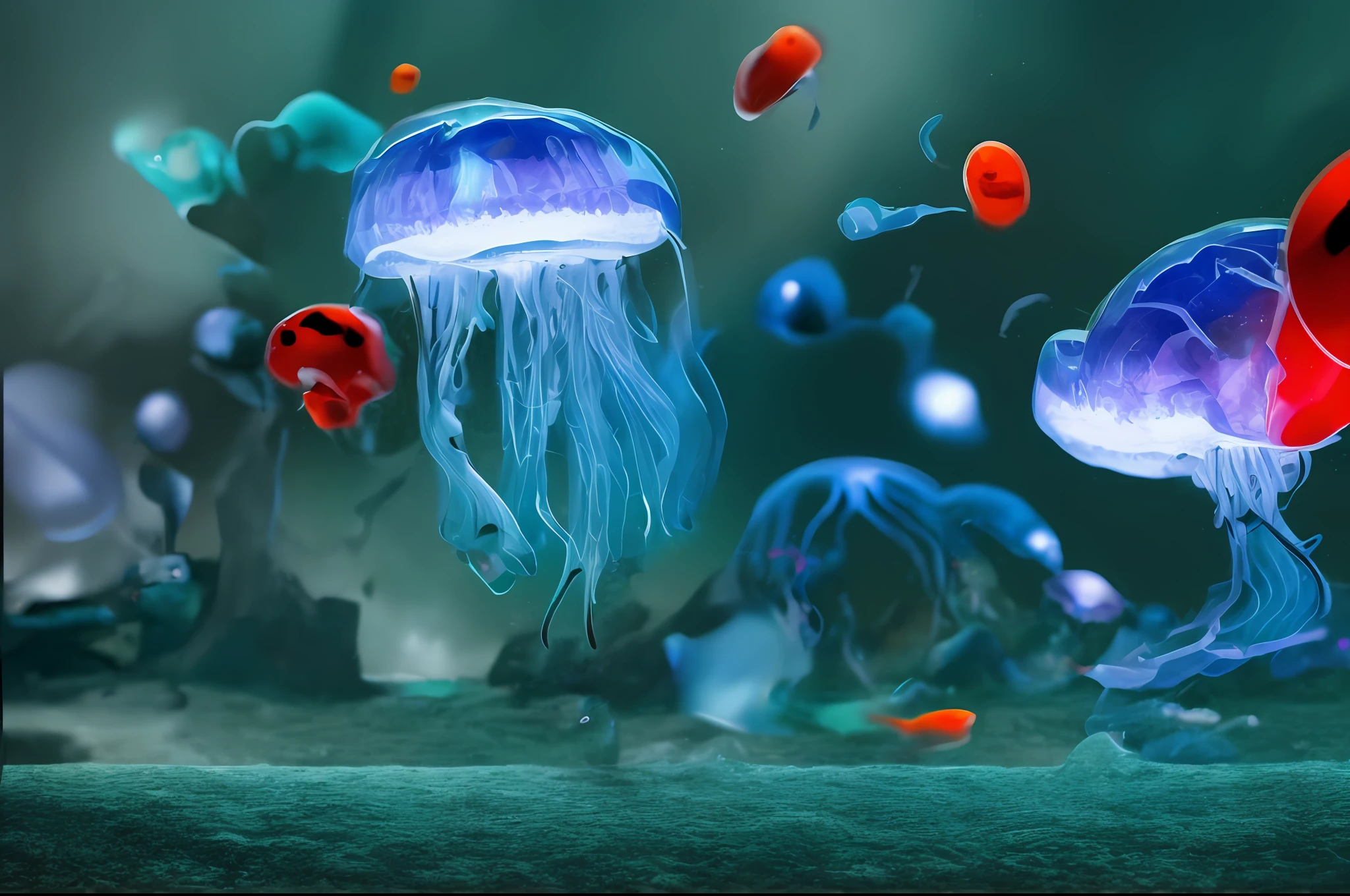 painting jellyfish in a sea of water with lights, cyberpunk jellyfish, Medusas, Aquarela altamente detalhada 8 K, Aquarela altamente detalhada 8K, neon jellyfish, Burger mixes jellyfish, Dance of the jellyfish, protetor de tela impressionante, its a deep dream, artistic 4 k, Arte NFT, Medusas, 8k highly detailed ❤️‍🔥 🔥 💀 🤖 🚀