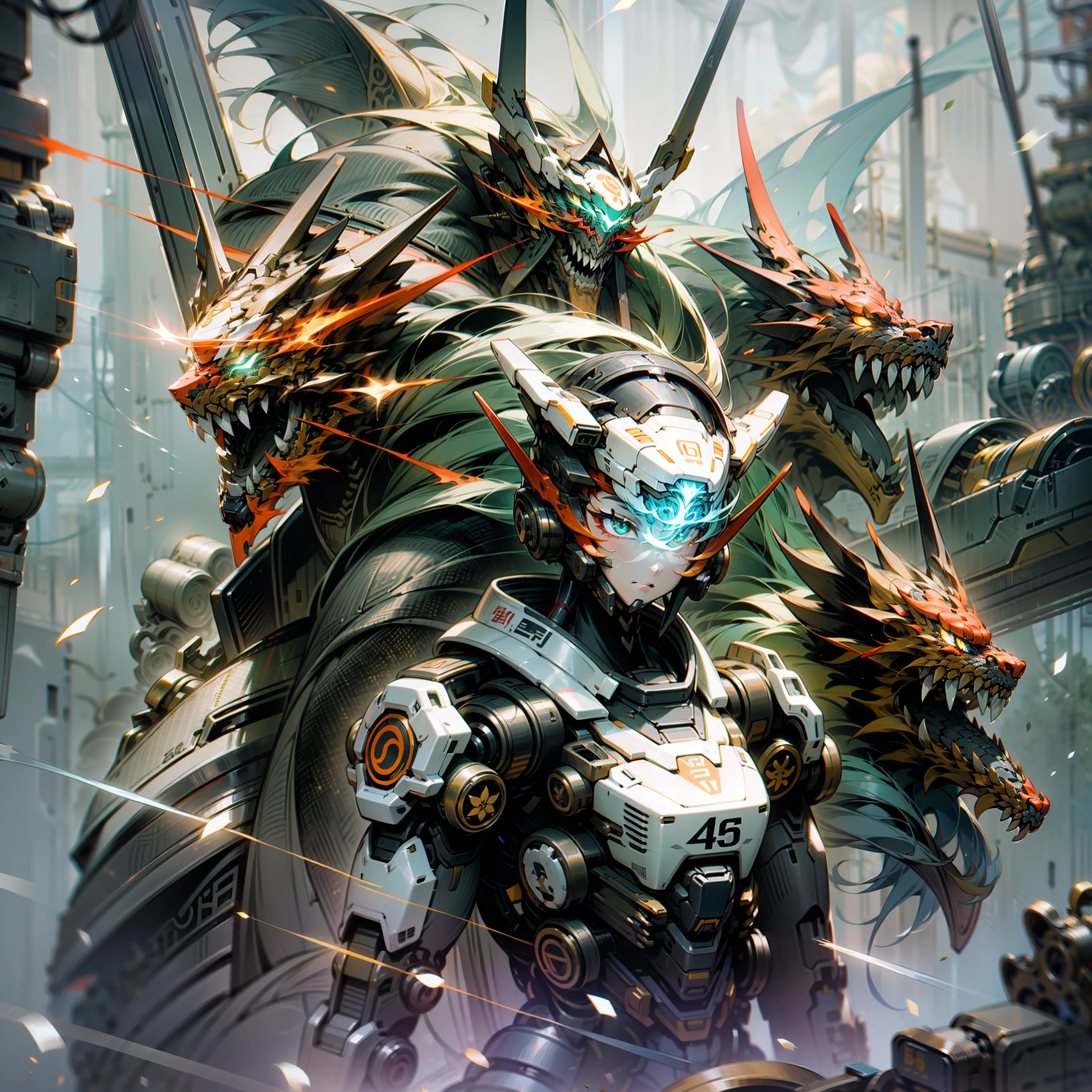 with light glowing，Reflective，（Tall mech：1.6），Amber gradient，（Use the plasma sword：1.3），There is a dragon particle effect，（taichi，Chinese Yin and Yang Bagua Five Elements：1.2），Machine armour wind，mechanical sense，sense of strength，Sense of space，combats，The prominent structure is reasonable，4K，High quality，Masterpieces，（of a real：1.4），drak，chinesedragon，Dark_fantasy,Cyberpunk,(Red:1.1),1人,Mechanical Wonder,Robotic presence,cybernetic guardians,wearing a worn-out mech suit，iintricate，（Steel metal[rusted]），ellegance，Clear focus，Photo by Greg Rutkowski，gentlesoftlighting，vivd colour