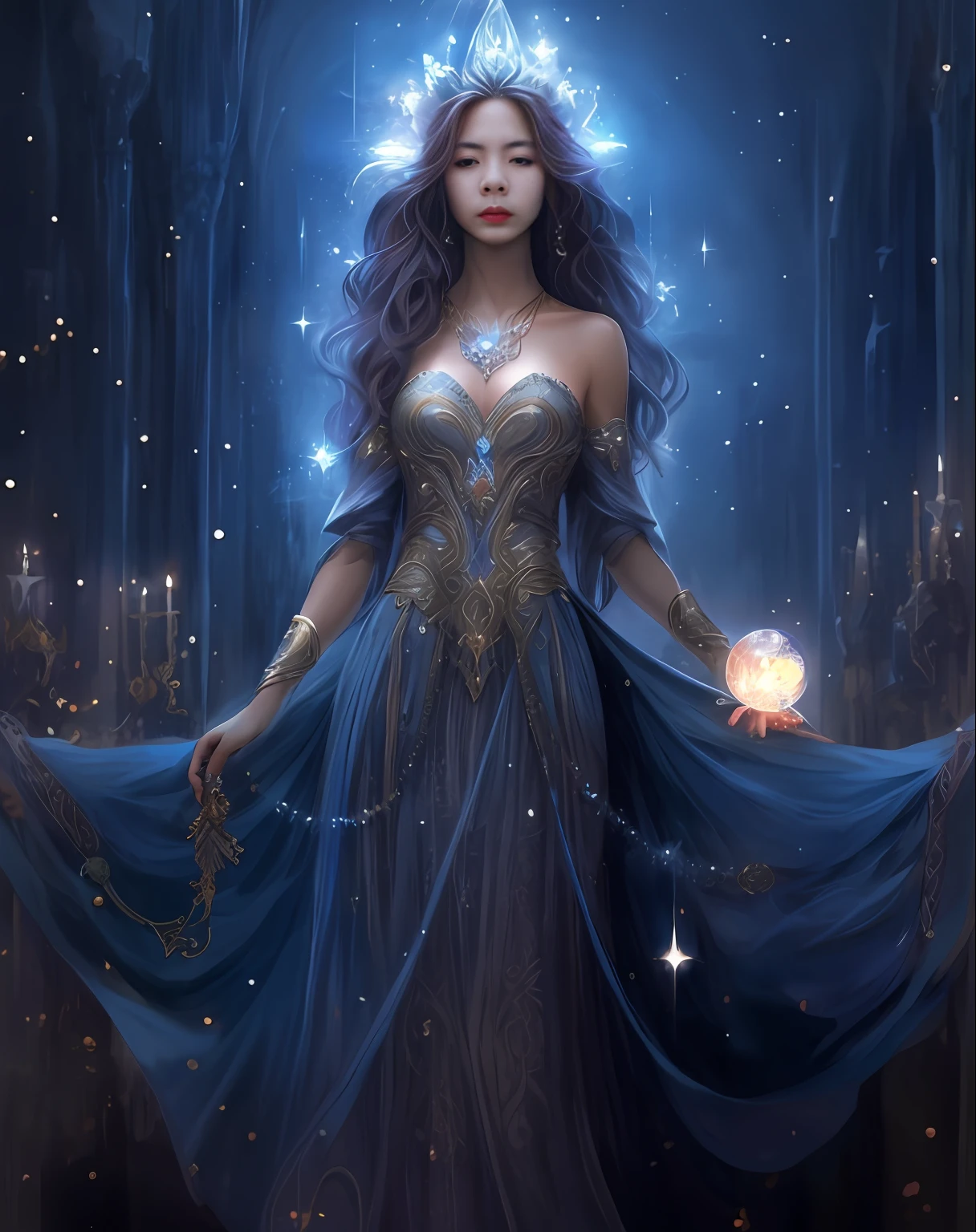 a woman in a red dress holding a crystal ball, beautiful fantasy art, very beautiful fantasy art, fantasy woman, beautiful sorceress, fantasy art style, beautiful celestial mage, 4k fantasy art, detailed fantasy art, a beautiful sorceress, breathtaking fantasy art, neoartcore and charlie bowater, fantasy style art, fantasy art behance --auto