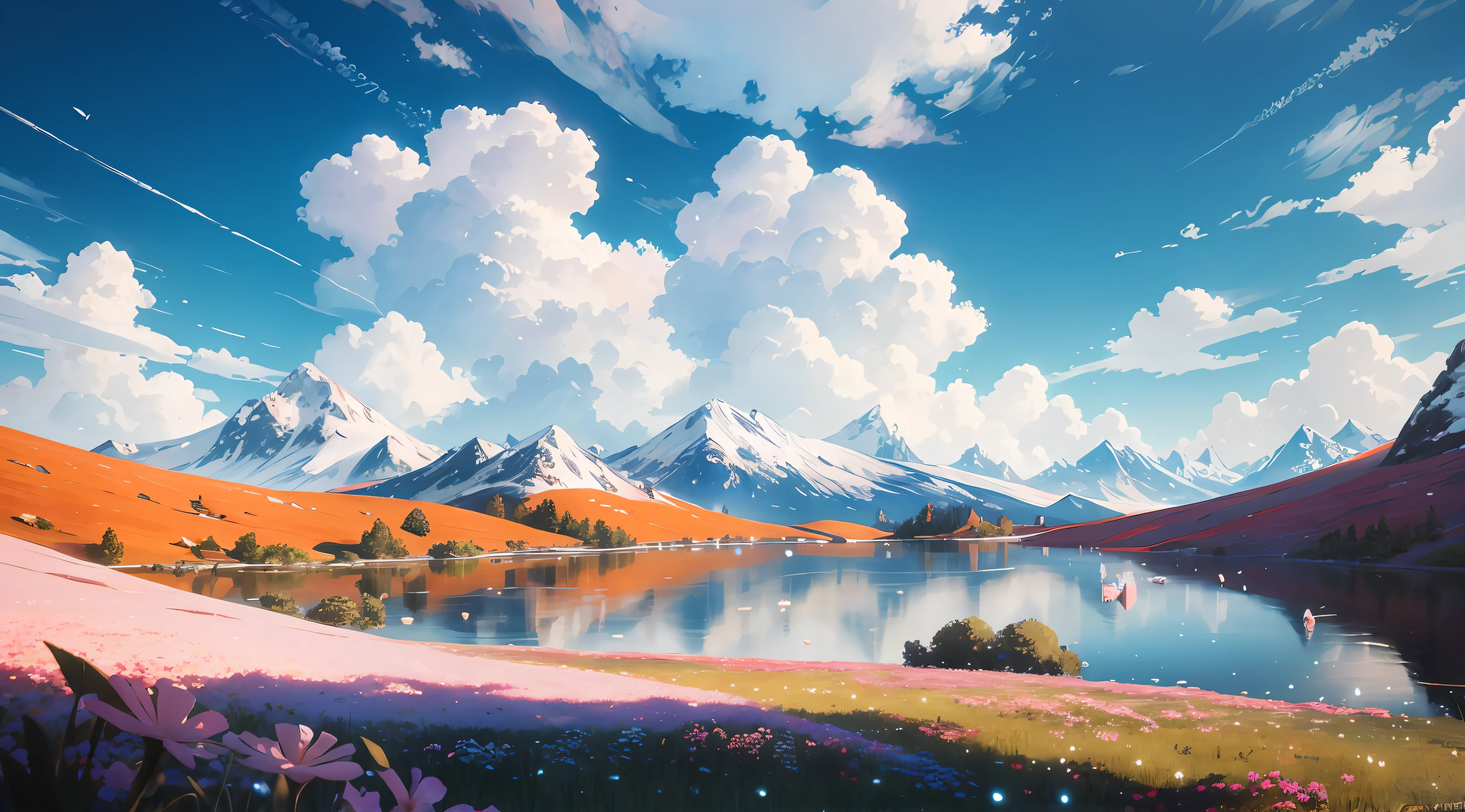 Summer, meadows, few small flowers, clear lakes, paradise, large clouds, blue sky, hot weather, HD detail, hyper-detail, cinematic, surrealism, soft light, deep field focus bokeh, distant snowy mountains, ray tracing, and surrealism. --v6