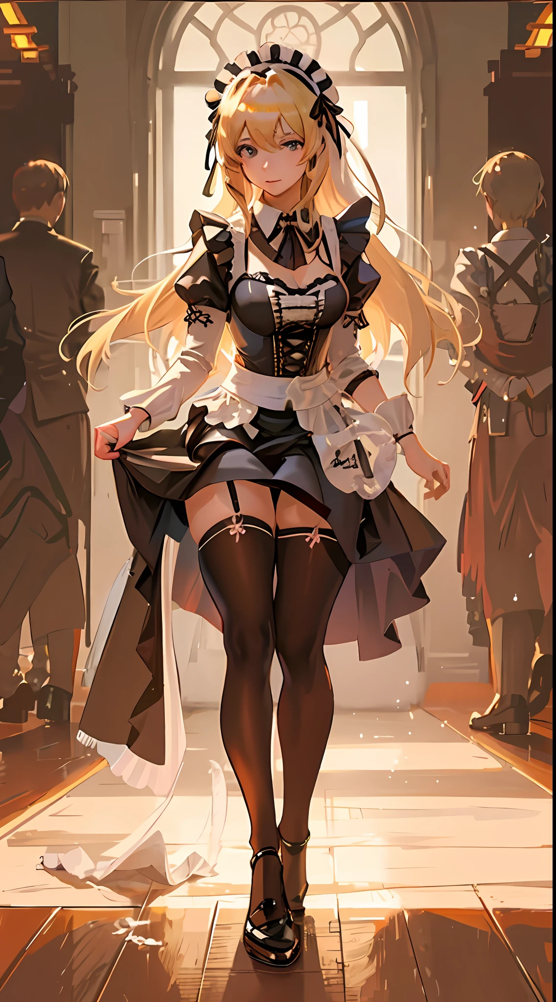 best qualtiy，8K，Best quality，(the detail:1.4),The picture is clear，a close up of a woman in a dress and stockings, anime girl in a maid costume, gorgeous maid, Maid outfit,A person poses for a photo in a maid costume，is an anime character wearing a maid costume，Drawn in Artgerm's style，Sexy girl with blonde hair，the maid outfit，laced dress，A shy look，shyexpression，Walk past you，Luxury theme，realistic dress，The skin details are very detailed，Watch machinery，Dirty floor，Beautiful Maid，Feminine beauty，Stunning character art，Ray traching，The proportions are correct