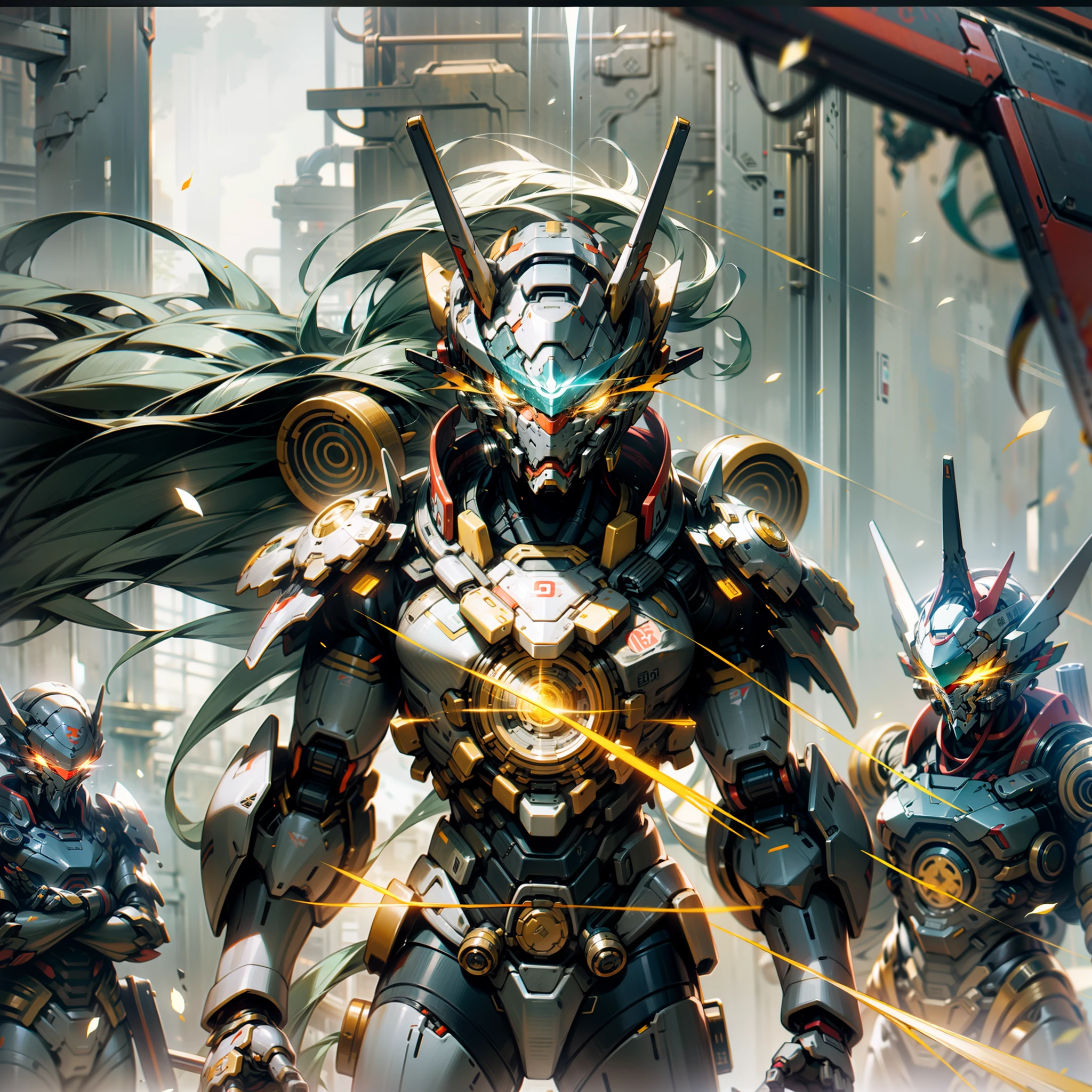 with light glowing，Reflective，（Tall mech：1.6），Amber gradient，（Use the plasma sword：1.3），There is a dragon particle effect，（taichi，Chinese Yin and Yang Bagua Five Elements：1.2），Machine armour wind，mechanical sense，sense of strength，Sense of space，combats，The prominent structure is reasonable，4K，High quality，Masterpieces，（of a real：1.4），drak，chinesedragon，Dark_fantasy,Cyberpunk,(Red:1.1),1人,Mechanical Wonder,Robotic presence,cybernetic guardians,wearing a worn-out mech suit，iintricate，（Steel metal[rusted]），ellegance，Clear focus，Photo by Greg Rutkowski，gentlesoftlighting，vivd colour