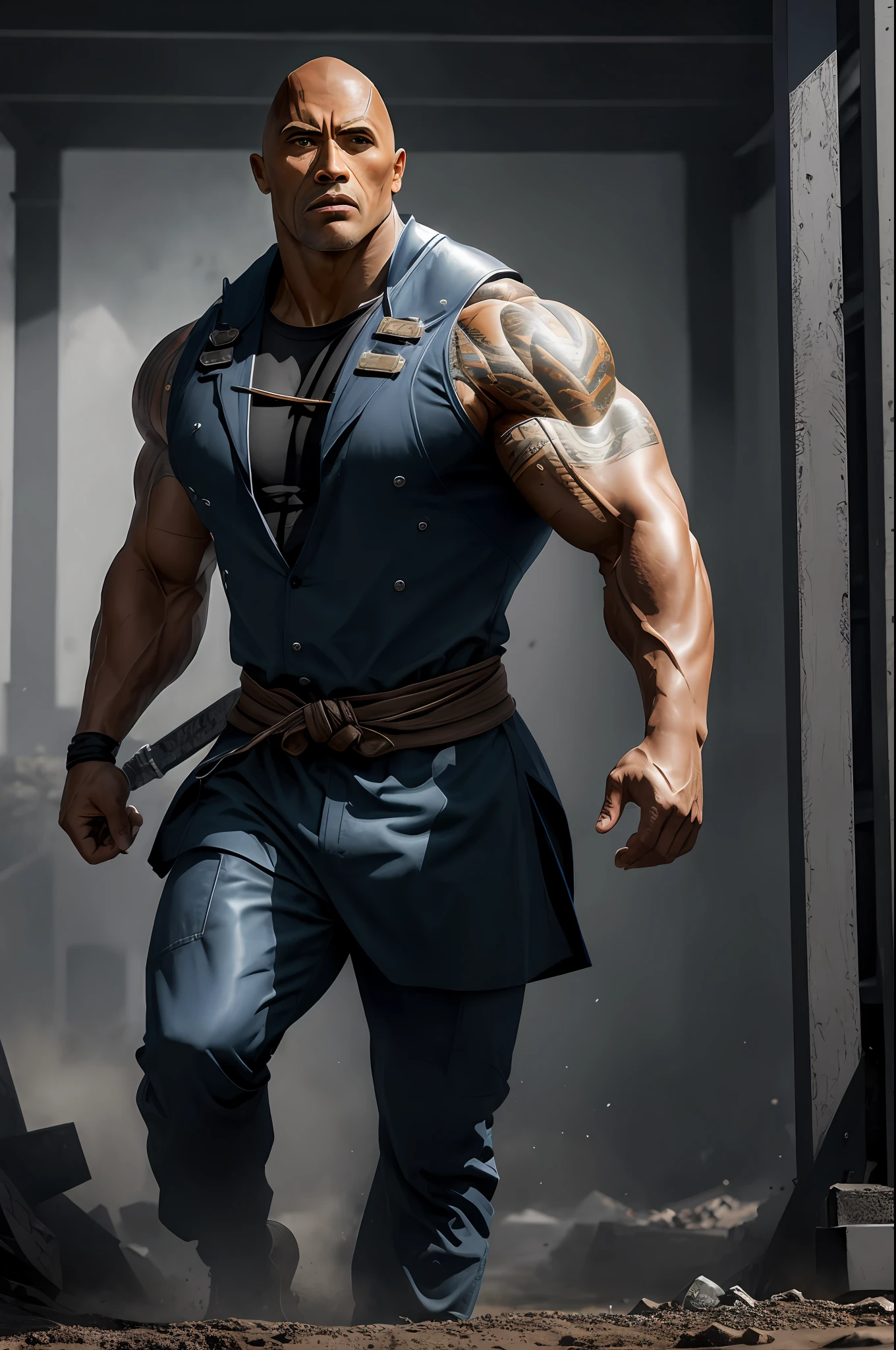 (16k, foto RAW, melhor qualidade, obra-prima: 1.2), ultra-detalhado, arte formal, foto realismo: 1.37, foto do corpo inteiro, (homem, beleza ,( Dwayne Johnson)film grain, NINJAde (TOKIO) ATTACK NINJApose ))detalhes ,(ESPADA)), pontuda DOURADA)
