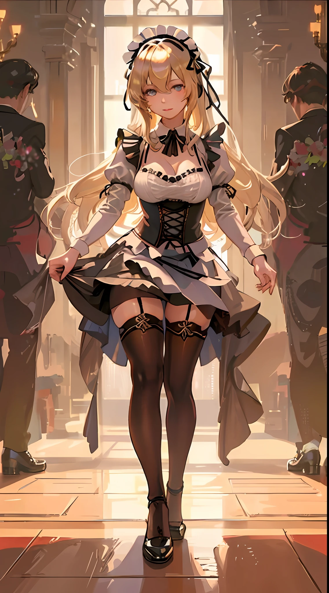 best qualtiy，8K，Best quality，(the detail:1.4),The picture is clear，a close up of a woman in a dress and stockings, anime girl in a maid costume, gorgeous maid, Maid outfit,A person poses for a photo in a maid costume，is an anime character wearing a maid costume，Drawn in Artgerm's style，Sexy girl with blonde hair，the maid outfit，laced dress，A shy look，shyexpression，Walk past you，Luxury theme，realistic dress，The skin details are very detailed，Watch machinery，Dirty floor，Beautiful Maid，Feminine beauty，Stunning character art，Ray traching，The proportions are correct