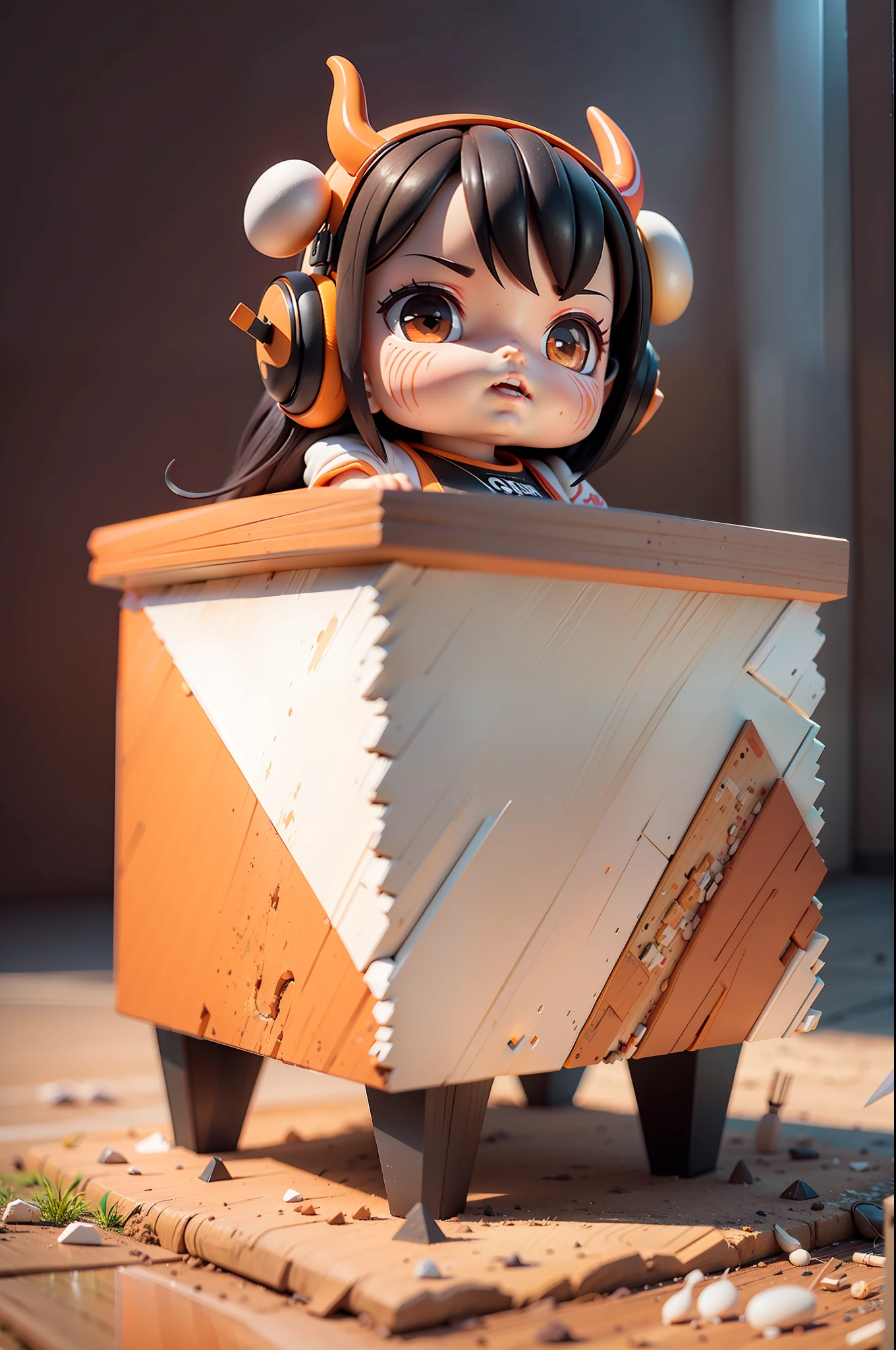(Daisaku),(Need),(Super meticulous),(full bodyesbian:1.2),(soio),orange color theme,Bull horns，Lori Magician,adolable,Open-mouthed,Earphone,cow horn,Popmart blind box,Clay texture,Treading on the ground,Black and white background,natural  lightting,Best quality at best,hyper-detailing,arte 3D,c4d, OC renderer, a 3D render, 8k