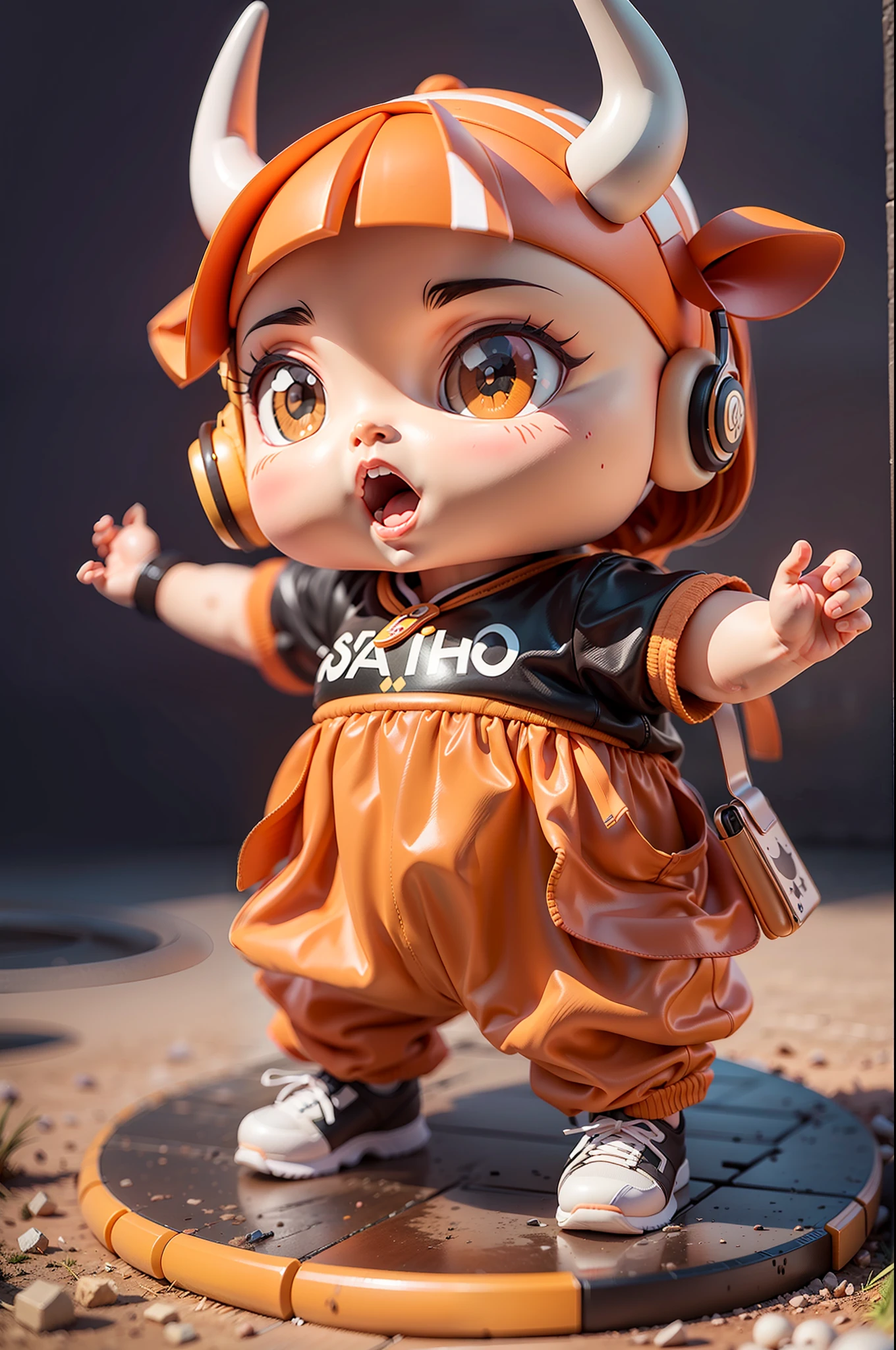 (Daisaku),(Need),(Super meticulous),(full bodyesbian:1.2),(soio),orange color theme,Bull horns,Lori Magician,adolable,Open-mouthed,Earphone,cow horn,Popmart blind box,Clay texture,Treading on the ground,Black and white background,natural lightting,Best quality at best,hyper-detailing,arte 3D,c4d, OC renderer, a 3D render, 8k