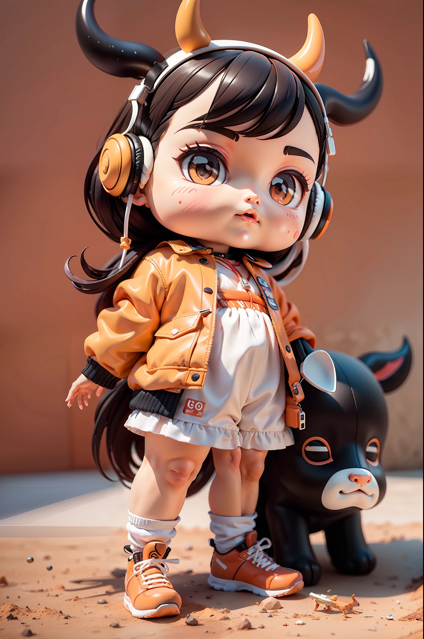 (Daisaku),(Need),(Super meticulous),(full bodyesbian:1.2),(soio),orange color theme,Bull horns,Lori Magician,adolable,Open-mouthed,Earphone,cow horn,Popmart blind box,Clay texture,Treading on the ground,Black and white background,natural lightting,Best quality at best,hyper-detailing,arte 3D,c4d, OC renderer, a 3D render, 8k