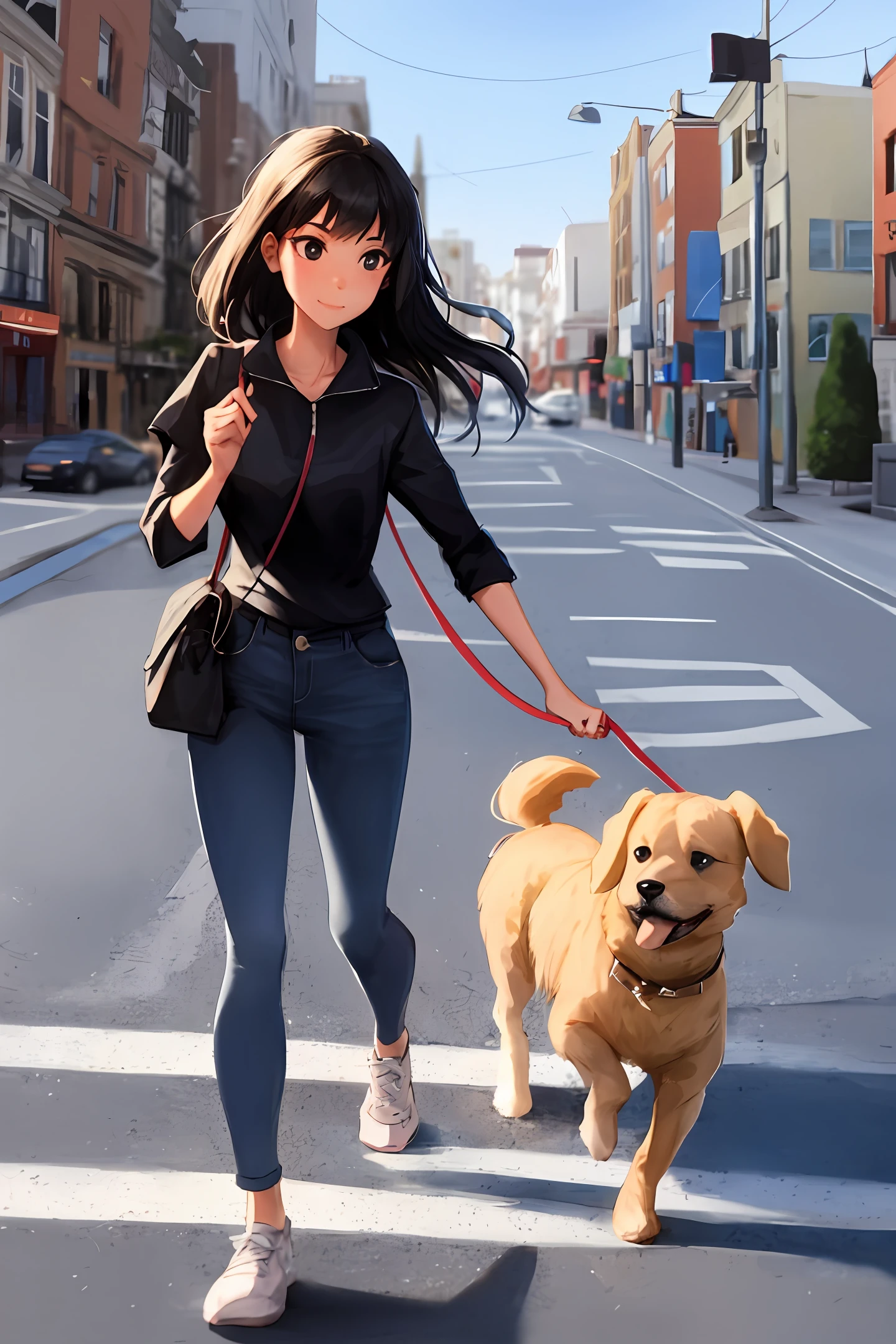 A girl who walks her dog without a leash