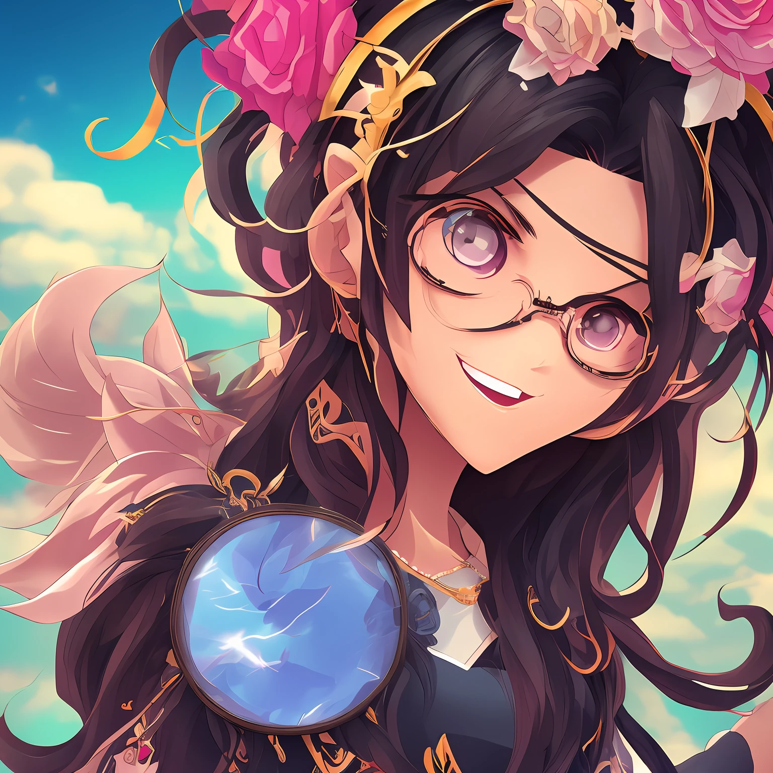 black hair, hair bobbles, wince, longeyelashes, solid circle eyes, fake animal ears, light smile, ear blush, fang, flipped hair, heart-shaped eyewear, aqua eyes, bear ears, upper teeth, Surrealism, drop shadow, anaglyph, stereogram, tachi-e, pov, atmospheric perspective, Surrealism, bloom, 8k, super detail, ccurate, best quality --auto