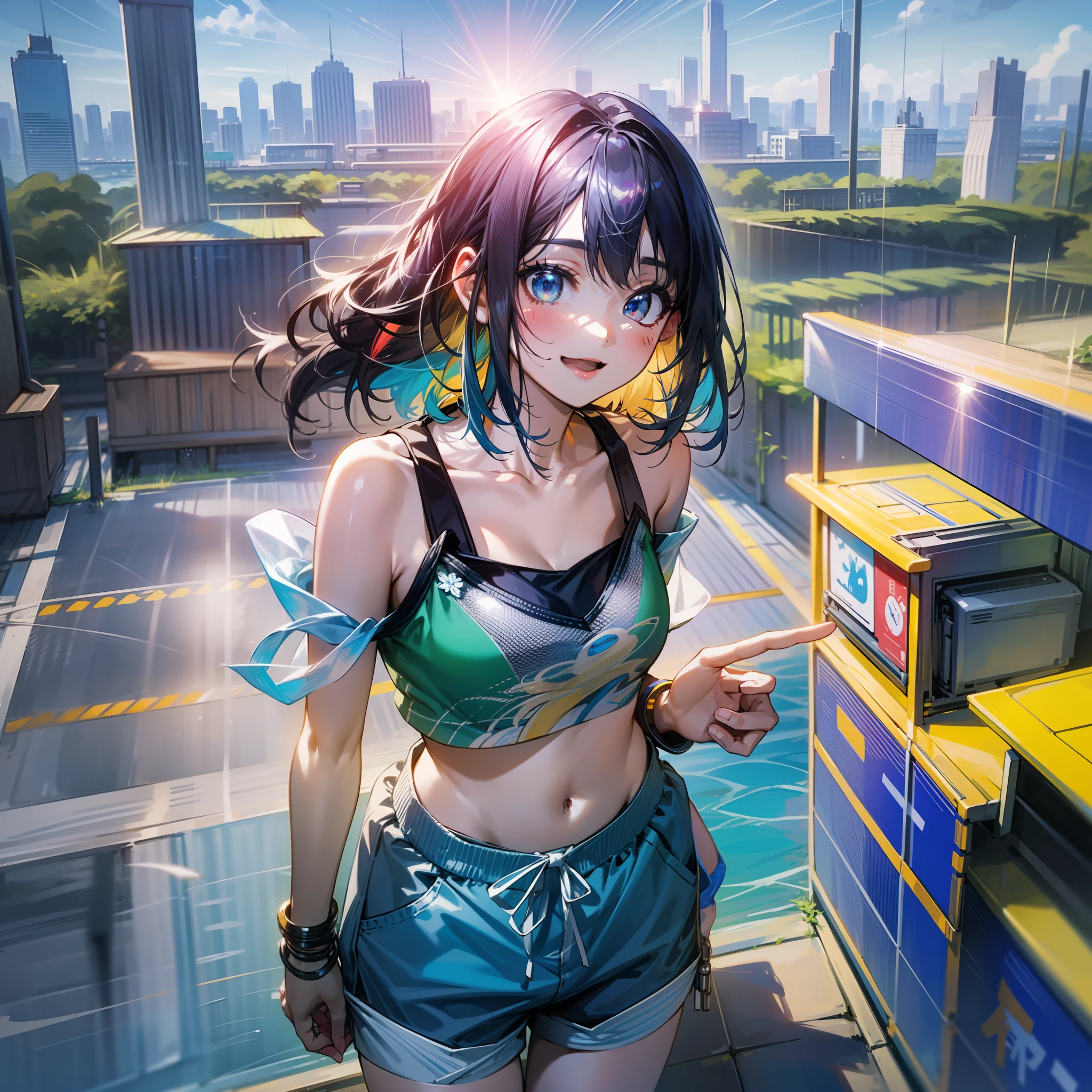 Expressed in 8K ultra-high resolution、A summer day in the near future。In the center of the screen is the、Cheerful young woman standing。Her hairstyle is short cut with black hair、yellow、pink there、The blue hologram inner color glitters in the sunlight。Her attire is、Neon colored sports bra and transparent shorts。Her digital sneakers are illuminating her feet。
In her hands、Digital pet hologram floating。The hologram changes shape when she manipulates it with her hands.、Jumping happily。
Spreading behind、Summer blue sky and white clouds、And in the distance, you can see the near-future city skyline lined with skyscrapers.。Digital lanterns powered by solar energy swaying in the wind、The light is shining on the surroundings。The sea that surrounds the city、Bustling with floating artificial islands and transparent maritime coaches。
Next to the beach、Summer festival stalls formed by holograms are lined up、a person々is enjoying VR games and AI-made gastronomy。Festival bustle and music、And the sound of digital wind chimes swaying in the wind、Emphasizing the atmosphere of summer Japan in the near future。