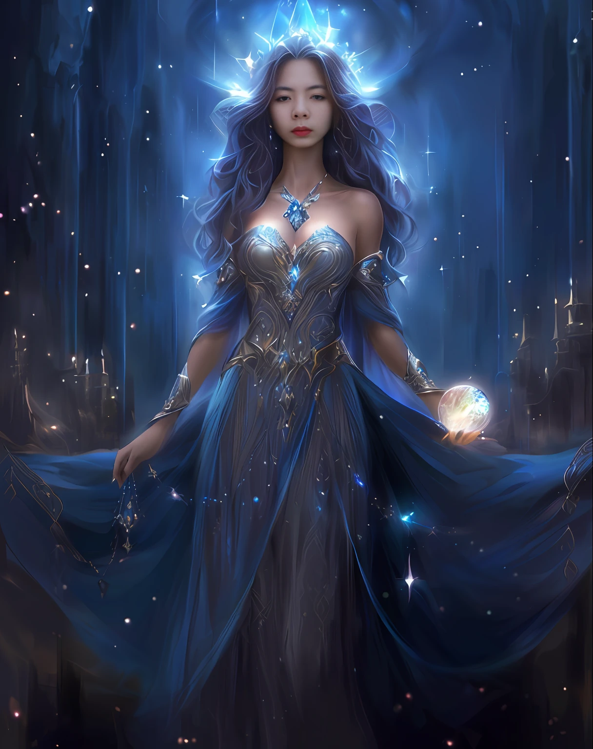 a woman in a blue dress holding a crystal ball, beautiful fantasy art, very beautiful fantasy art, fantasy woman, beautiful sorceress, fantasy art style, beautiful celestial mage, 4k fantasy art, detailed fantasy art, a beautiful sorceress, breathtaking fantasy art, neoartcore and charlie bowater, fantasy style art, fantasy art behance --auto