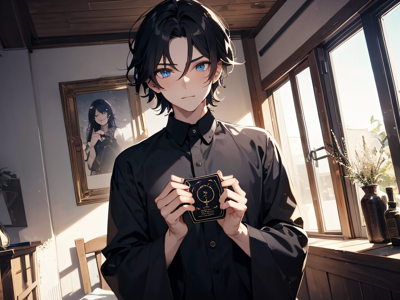 Cartoony,(The boy),Male focus,((There is a black full moon on the forehead1.5))Dark hair,Blue eyes,((inside a room))Hair is sandwiched between the eyes,looking at viewert,bachelorhood,longer sleeves,short detailed hair,shirt,(Black card in hand)