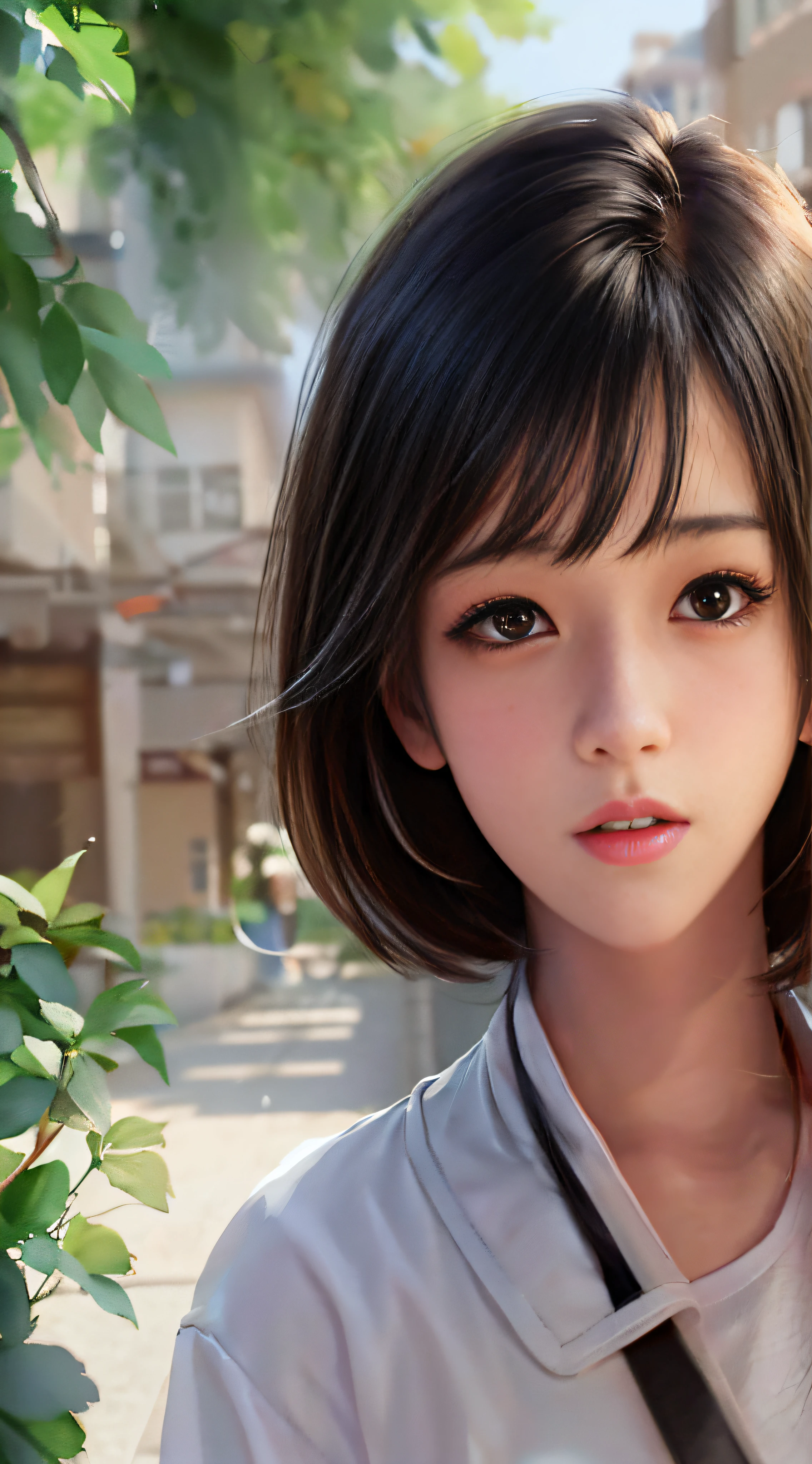 Anime girl with shoulder bag and white shirt in front of building, Smooth anime CG art, a beautiful anime portrait, Stunning anime face portrait, Kawaii realistic portrait, Realistic anime 3 D style, detailed portrait of an anime girl, Realistic cute girl painting, anime realism style, portrait anime girl, realistic anime artstyle, Detailed digital anime art, Cute anime girl portrait