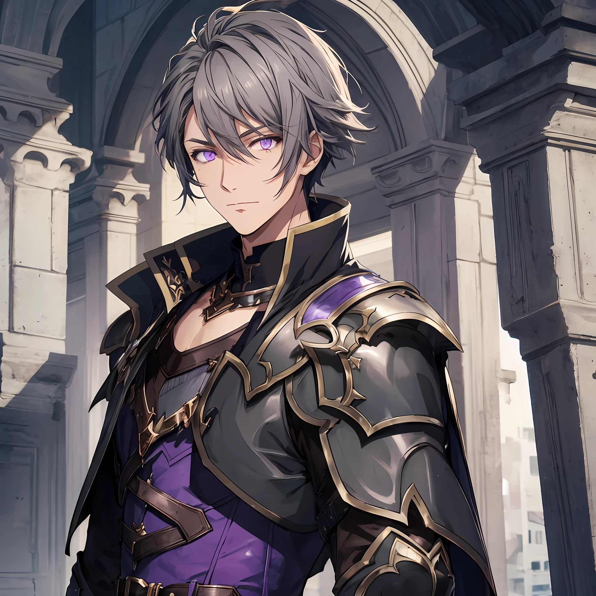 masterpiece, best quality, 1man, adult, male focus, solo, short hair, gray hair, vibrant purple eyes, looking at viewer, cape, High quality metal texture, overcoat, closed mouth, upper body, bangs, high collar,(kbxll:0.6), Fantasy aesthetics, Highly detailed, shadowverse style, black armor