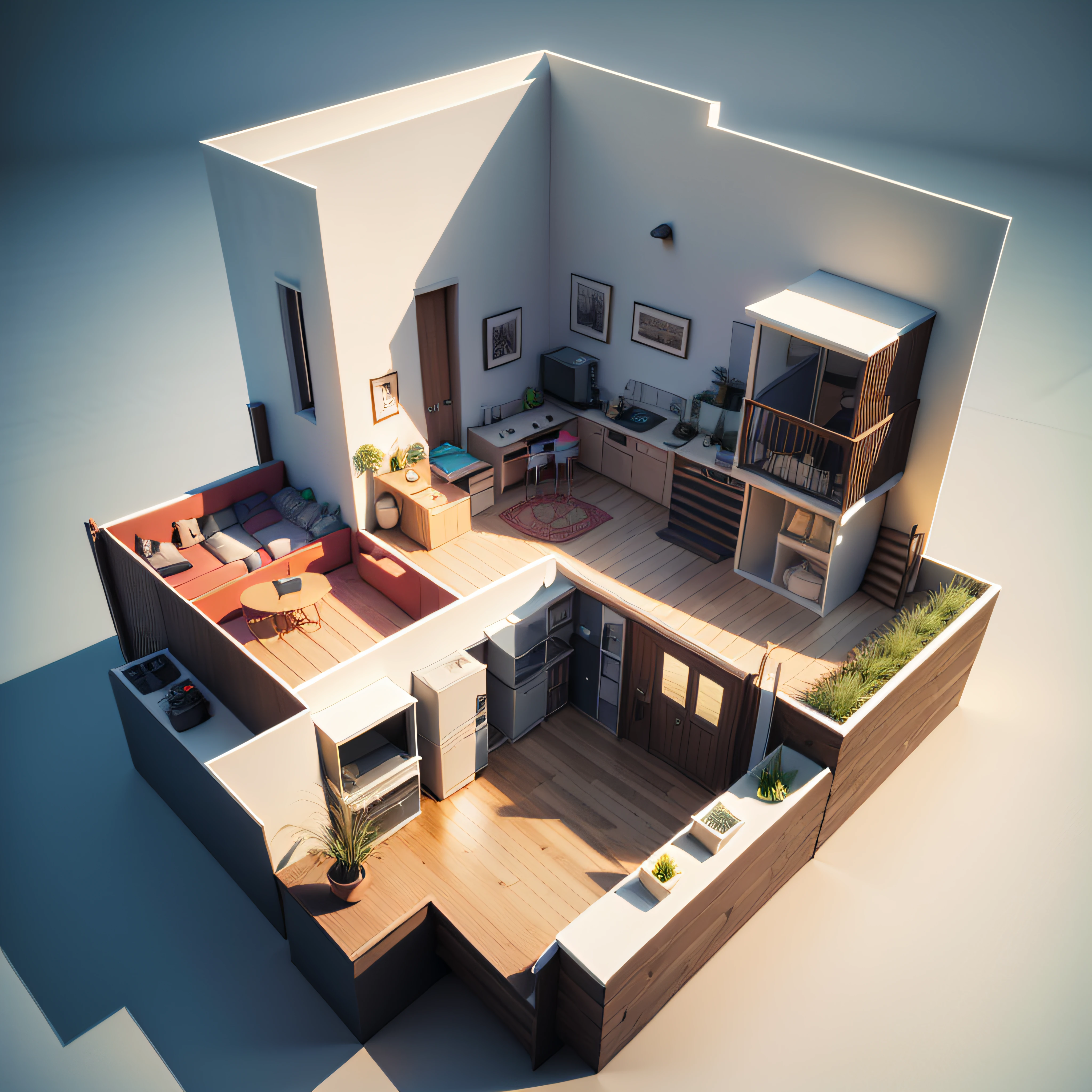 3D，Blender rendering，House model，4 bedrooms，box，iso-distance view，IsometricFuture，Stylized lines，Isometric style --auto