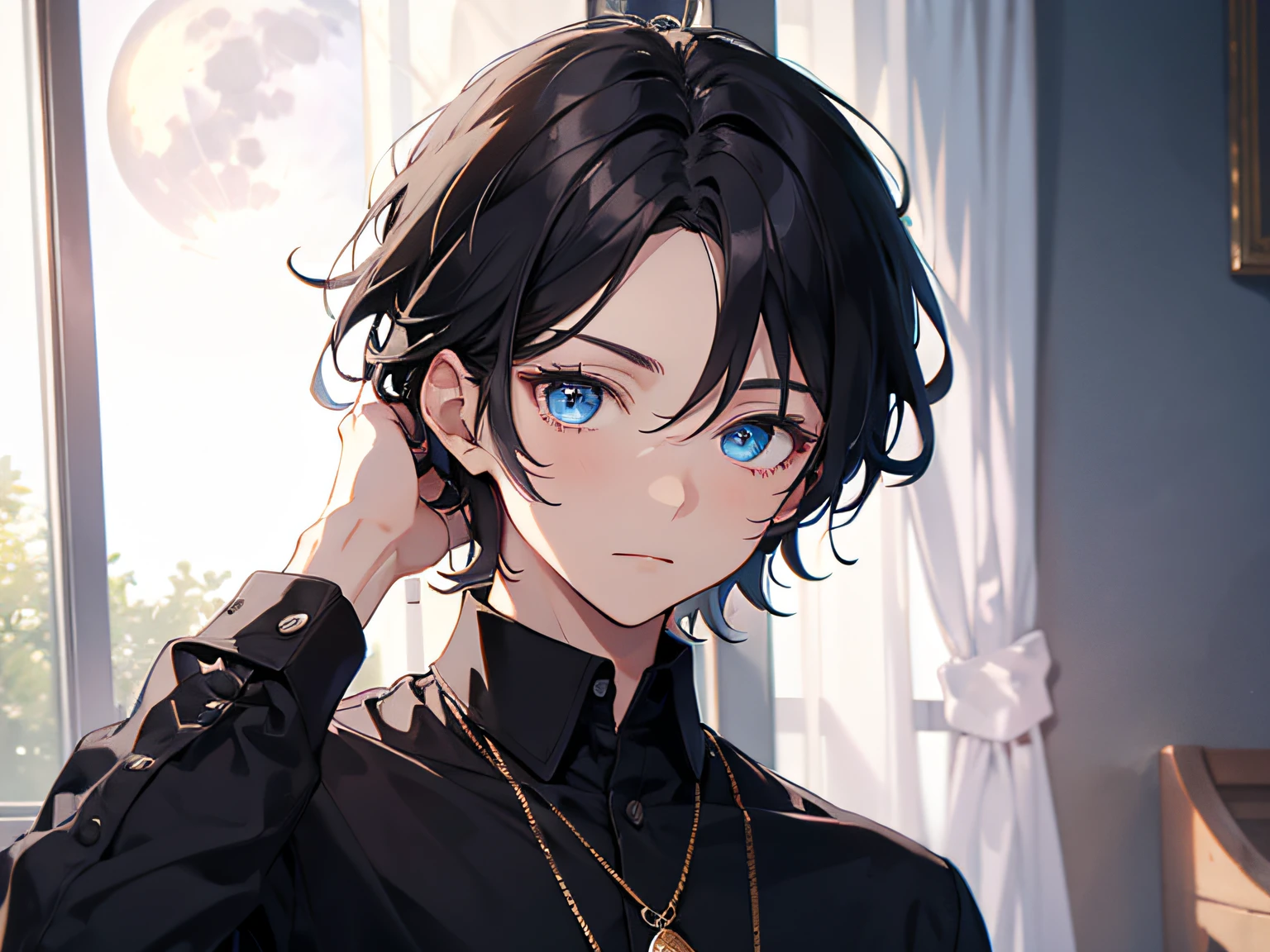 Cartoony，（The boy），Male focus，（（There is a black full moon on the forehead1.5））Dark hair，Blue eyes，（（inside a room））Hair is sandwiched between the eyes，looking at viewert，bachelorhood，longer sleeves，short detailed hair，shirt，Black card in hand