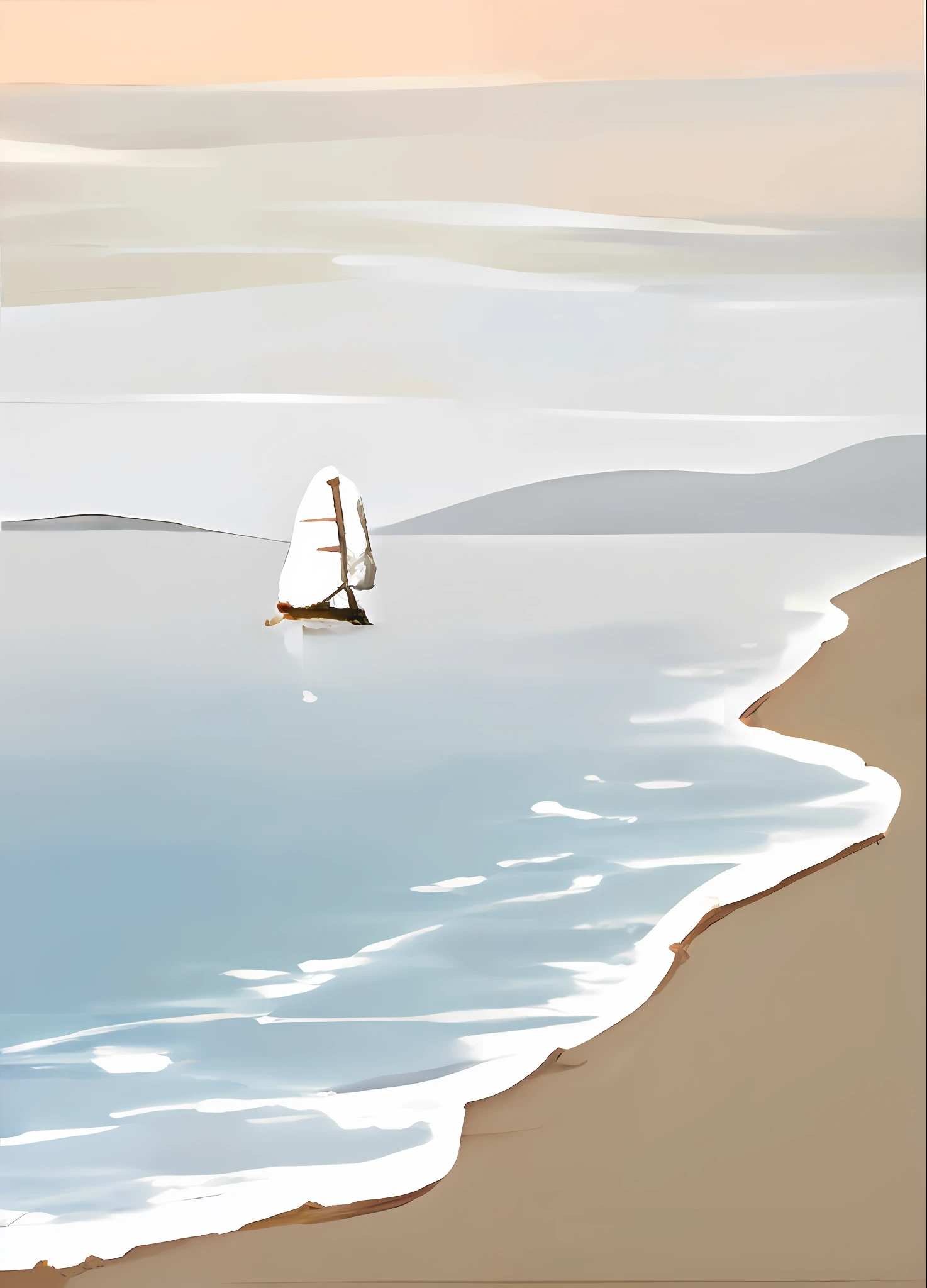 There is a sailing ship sailing on the shore, An oil painting, sail boat on the background, OilPaintStyle, Sail ships, digital oil on canvas, Sail, calm seas