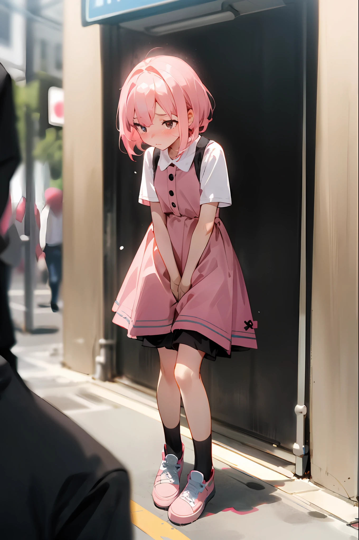 Cute pink hair、One girl in a cute dress、One girl takes to the bathroom、Look away、Standing、embarrassed from、Blushing、Keep your mouth shut、a street(Girl is peeing:2.2)、Mini skirt