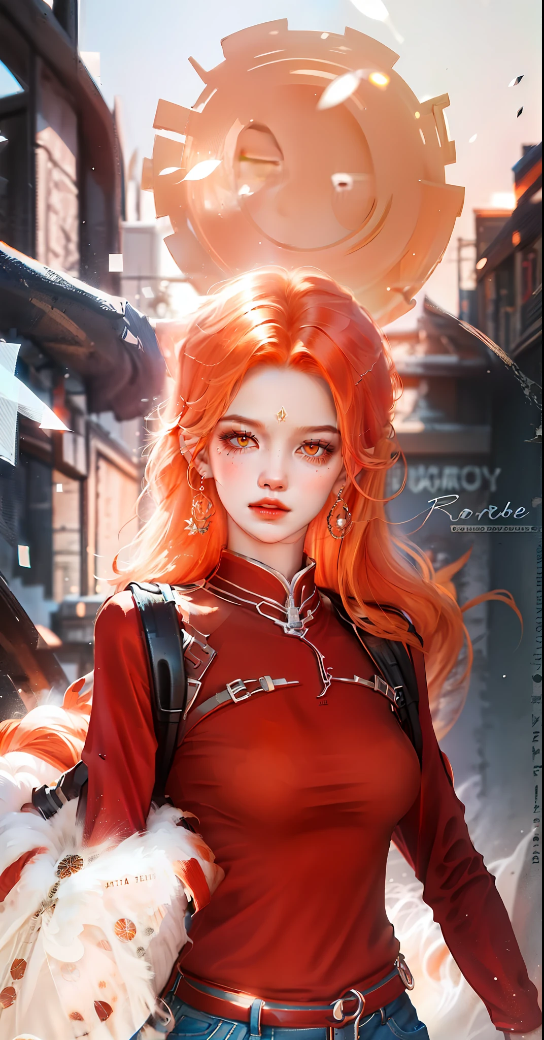 1girl, orange eyes, orange hair, red shirt, blue pants, realistic, ultra detail, 77mm lens