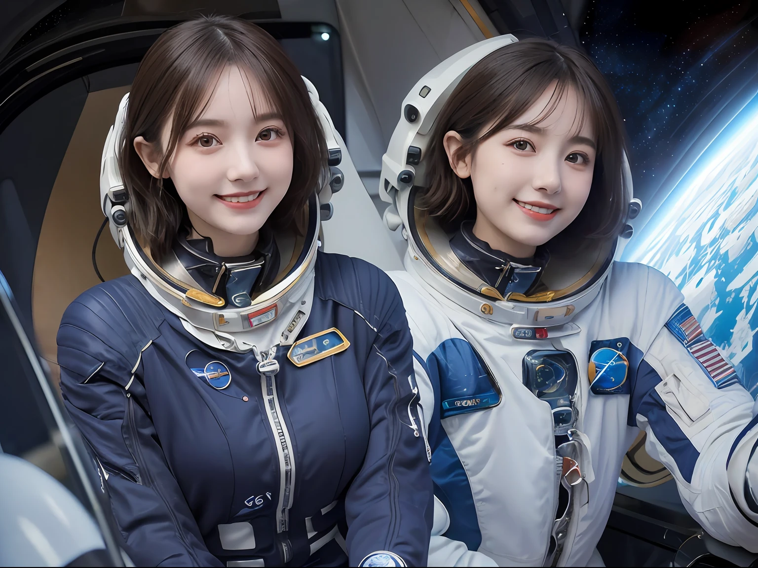 best quality, masterpiece, ultra high res, (photorealistic:1.4), RAW photo,cinematic lighting,(Perfect anatomy:1.5), 1 japanese girl,solo,20 years old,big breasts,(detailed beautiful face:1.5),(real skin:1.5),slender,thin legs,(big eyes:1.2),(smiling:1.3),detailed clotes,(space suit:1.5),(Planet Neptune:1.2),(spaceship:1.5),(science fiction),(outer space),(Small spaceplanes:1.5),