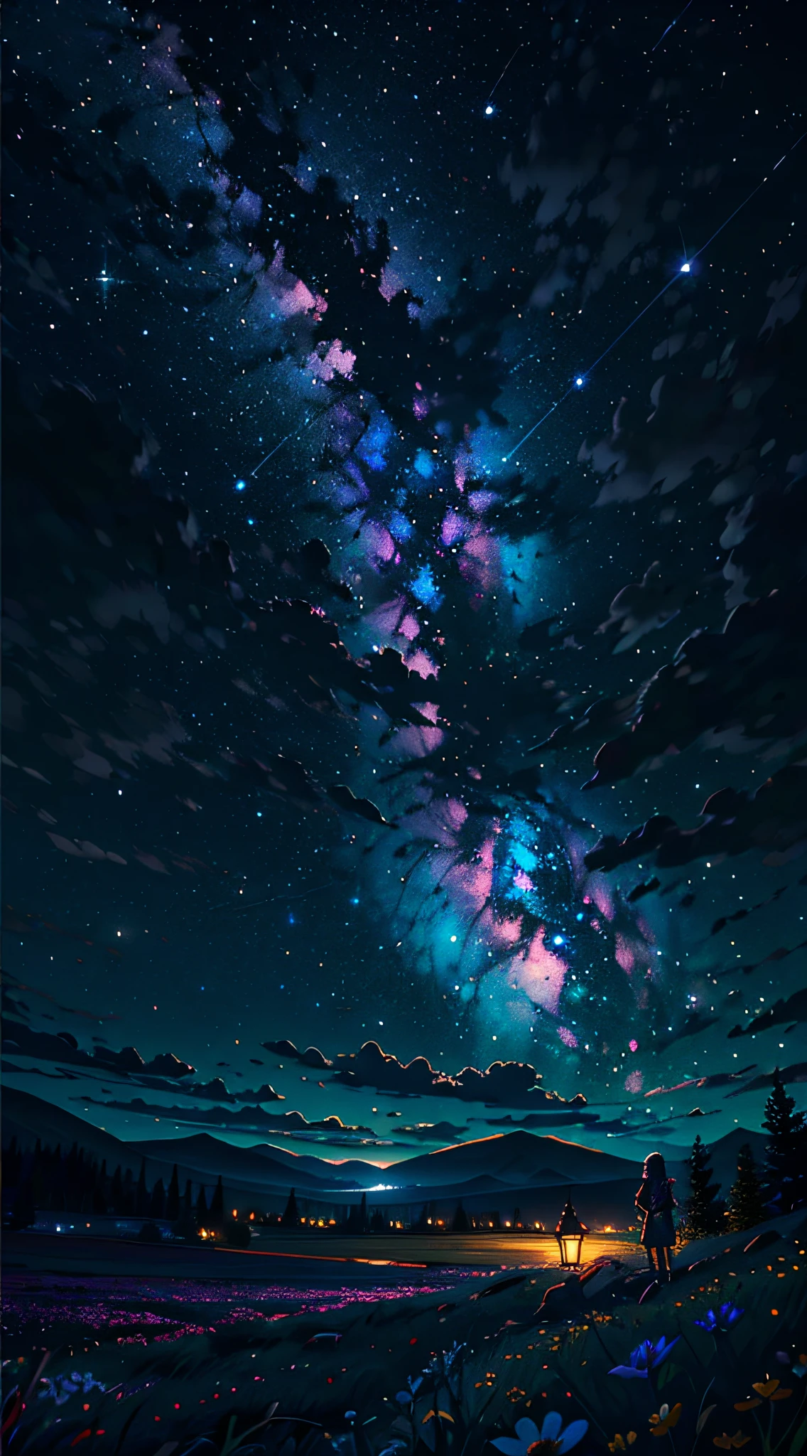 Expansive landscape photograph, (view from below with a view of the sky and the wilderness below), little girl standing in a flower field looking up, (full moon: 1.2), (shooting star: 0.9), (nebula: 1.3), distant mountain, tree break production art, (warm light source: 1.2), (firefly: 1.2), lamp, purple and orange, intricate detail, volume lighting BREAK (masterpiece: 1.2), (highest quality ), 4k, ultra-detailed, (dynamic configuration: 1.4), highly detailed and colorful details (iridescent: 1.2), (sparkling lighting, atmospheric lighting), dreamy, magical, (solo: 1.2)
