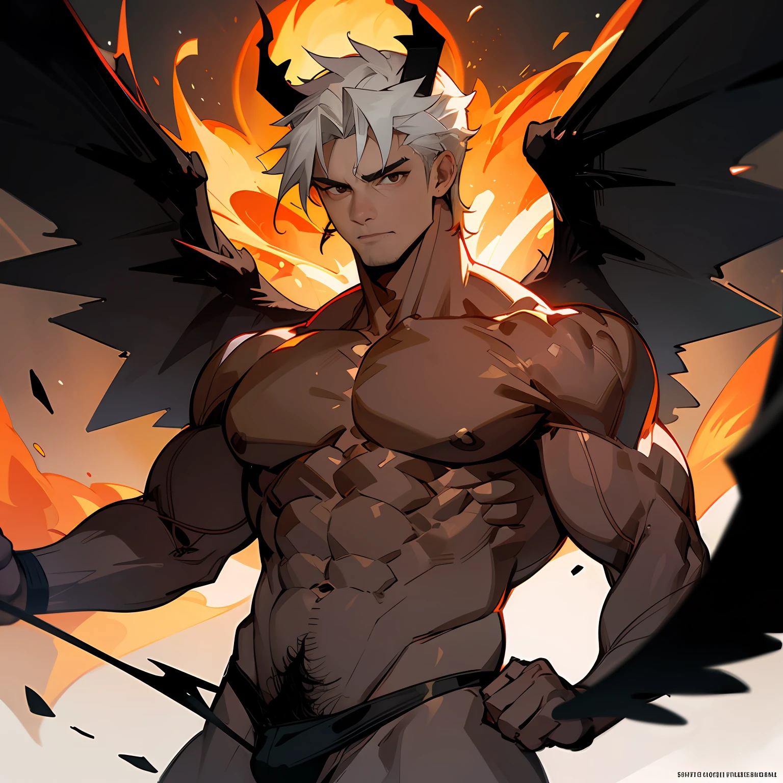 Highest accuracy，big muscular man，Large black wings，Flight attitude，Shirtless，Black and red flames on the body，Lower body erection，Lower body details，Thick pubic hair，Handsome face，Short white hair，Devil's horns on the head，The background is burning ruins，The background is rich in detail，Devil wind